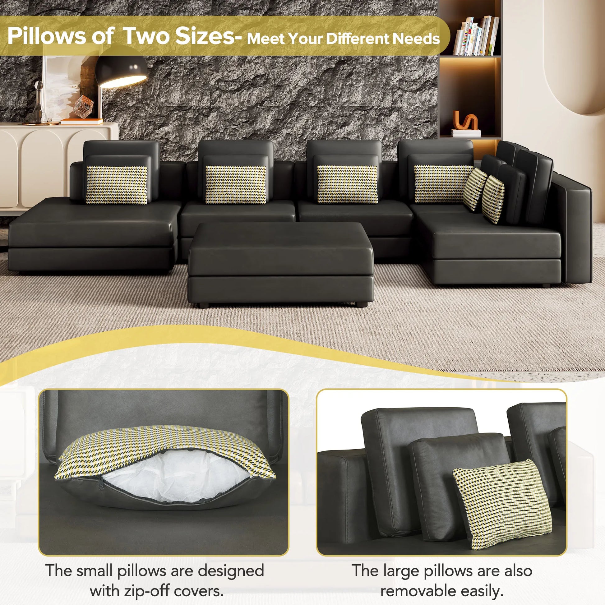 112" Modular Sectional Sofa & Chaise Lounge with Movable Ottoman