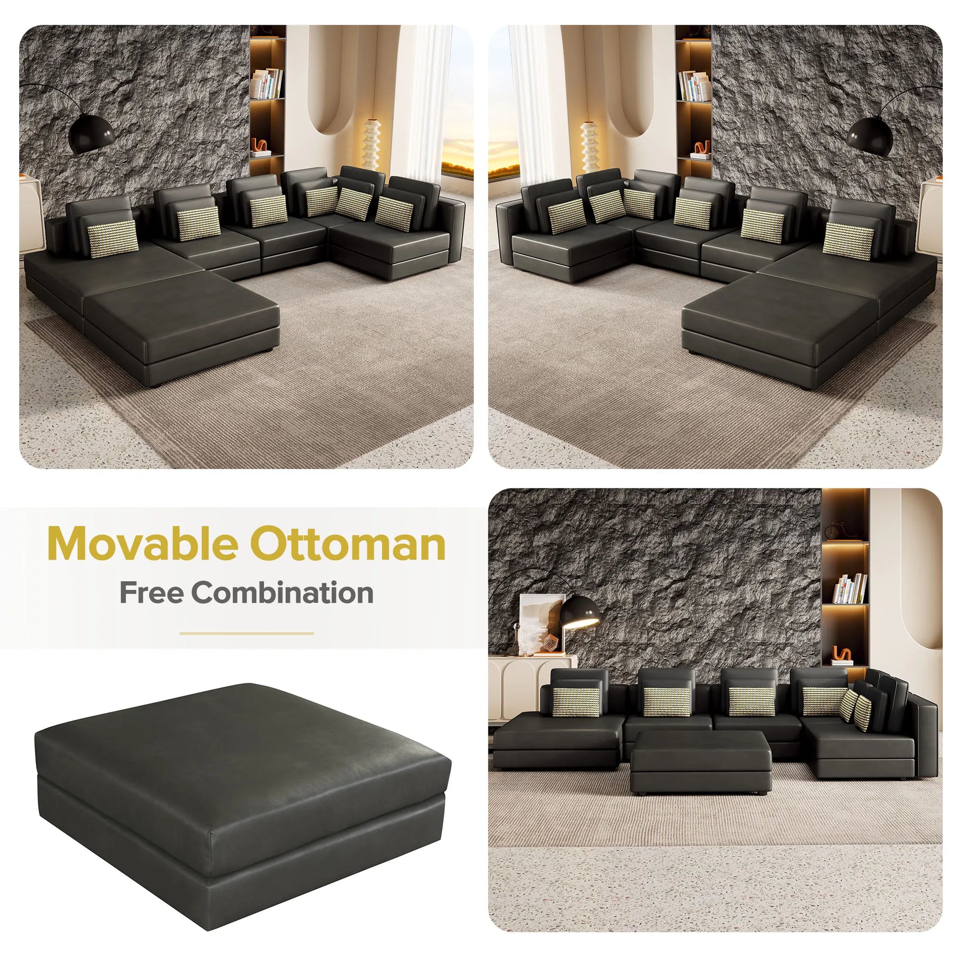 112" Modular Sectional Sofa & Chaise Lounge with Movable Ottoman
