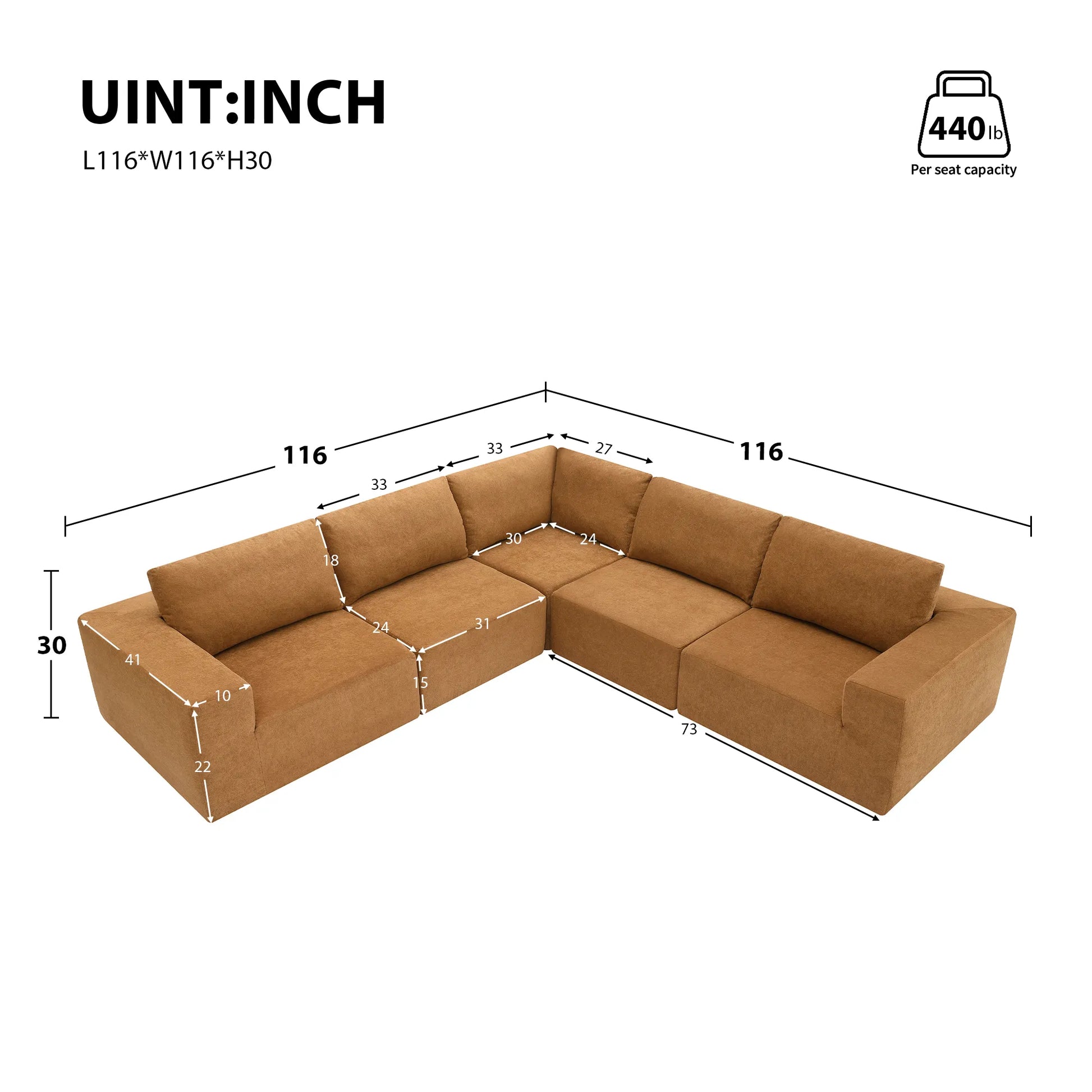116" 5-Piece Upholstered Modern Modular Sectional Sofa