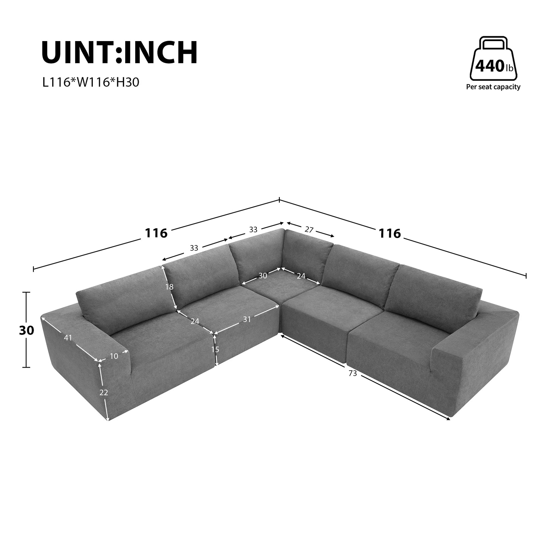 116" 5-Piece Upholstered Modern Modular Sectional Sofa