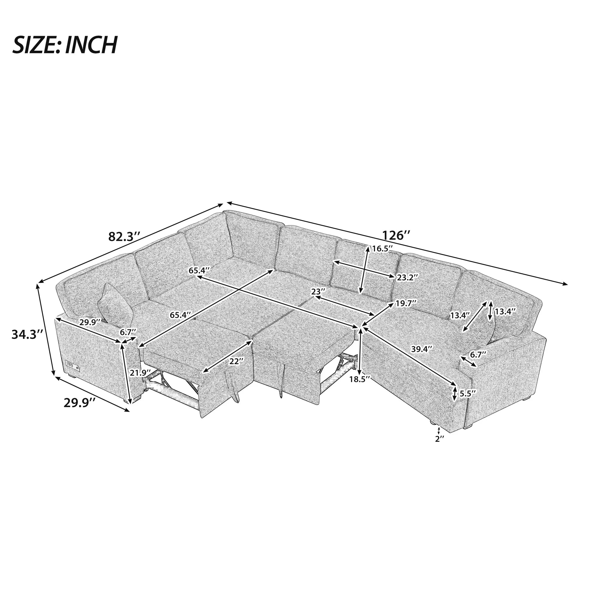 126" L Shape Sectional Sofa Bed