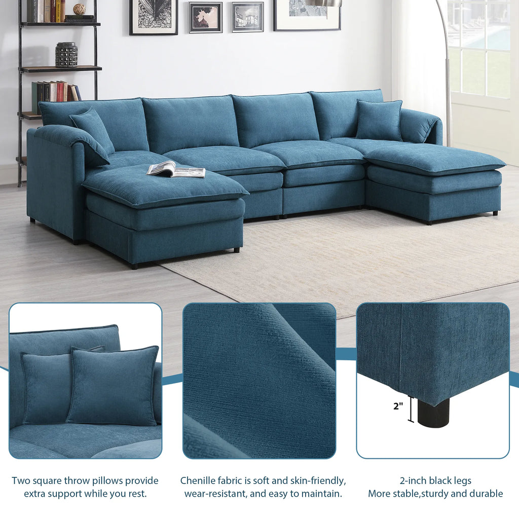134" 6 Seater U Shaped Chenille Modular Sofa with Double Layer Cushions