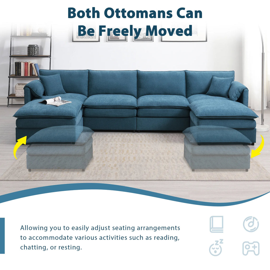 134" 6 Seater U Shaped Chenille Modular Sofa with Double Layer Cushions