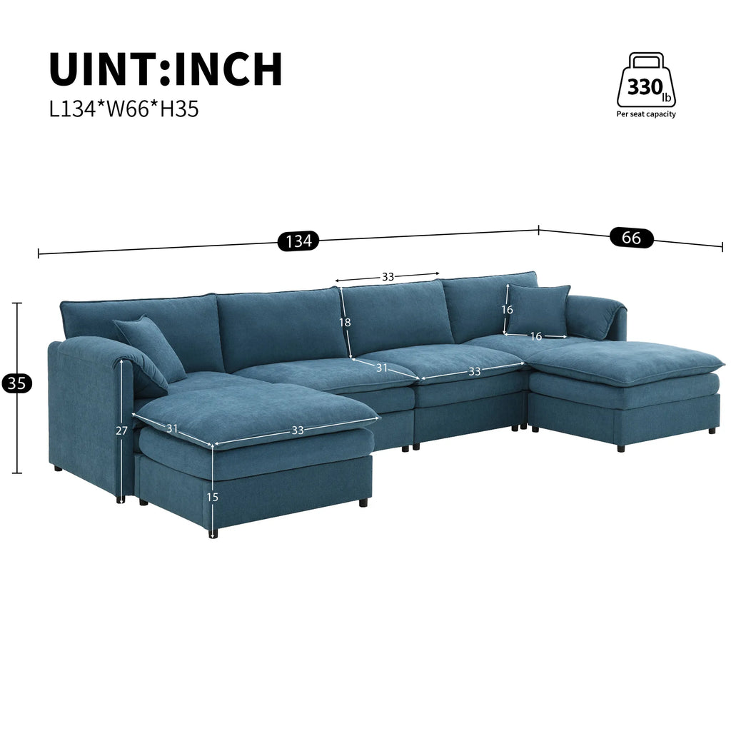 134" 6 Seater U Shaped Chenille Modular Sofa with Double Layer Cushions