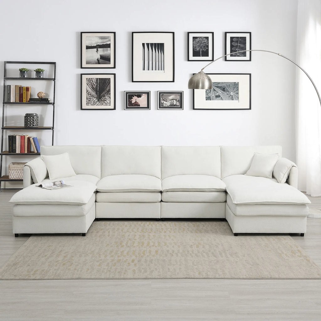 134" 6 Seater U Shaped Chenille Modular Sofa with Double Layer Cushions