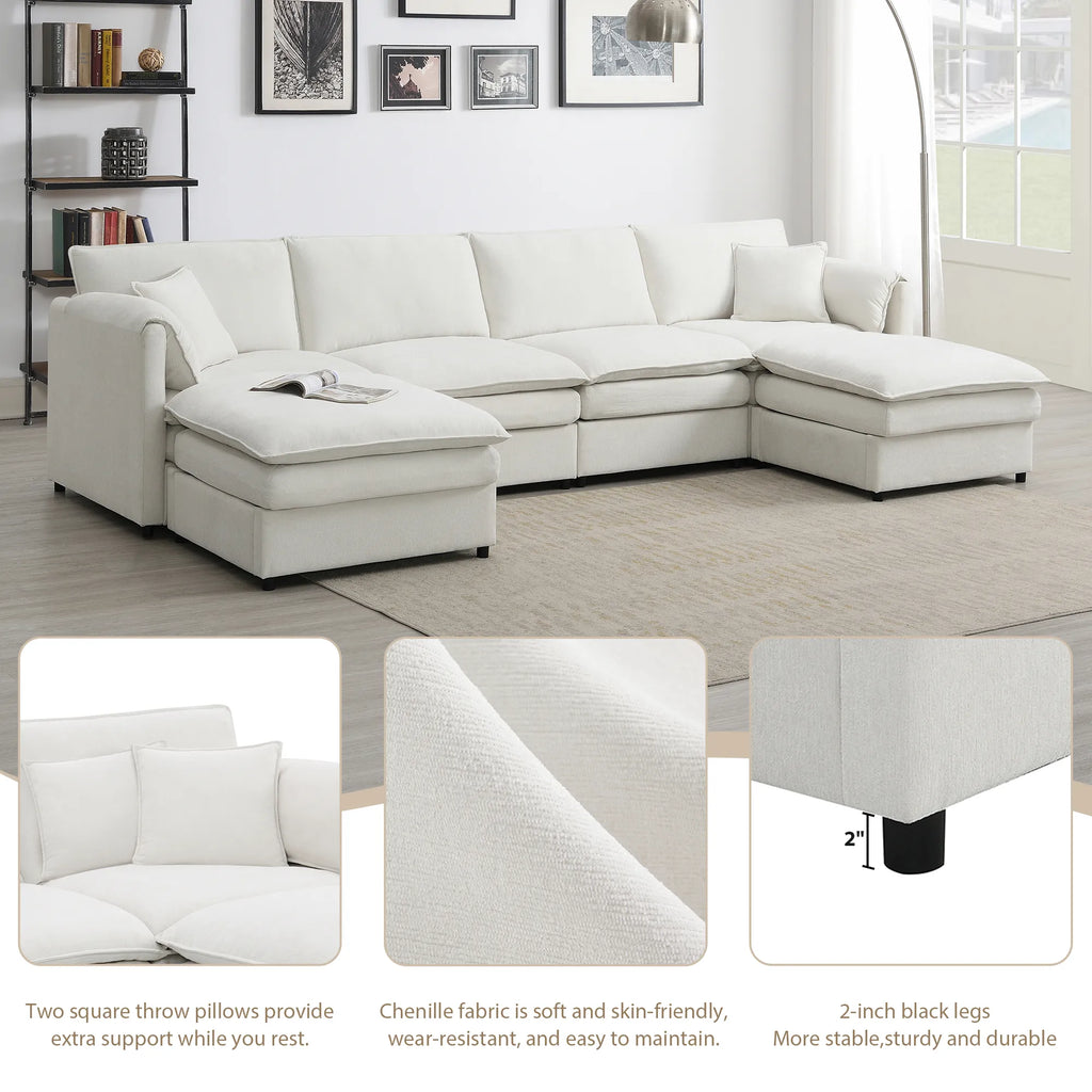 134" 6 Seater U Shaped Chenille Modular Sofa with Double Layer Cushions