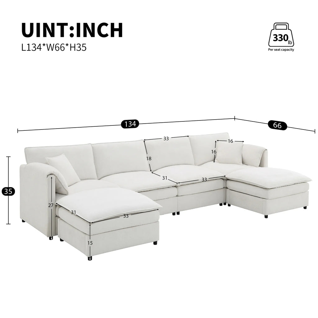 134" 6 Seater U Shaped Chenille Modular Sofa with Double Layer Cushions