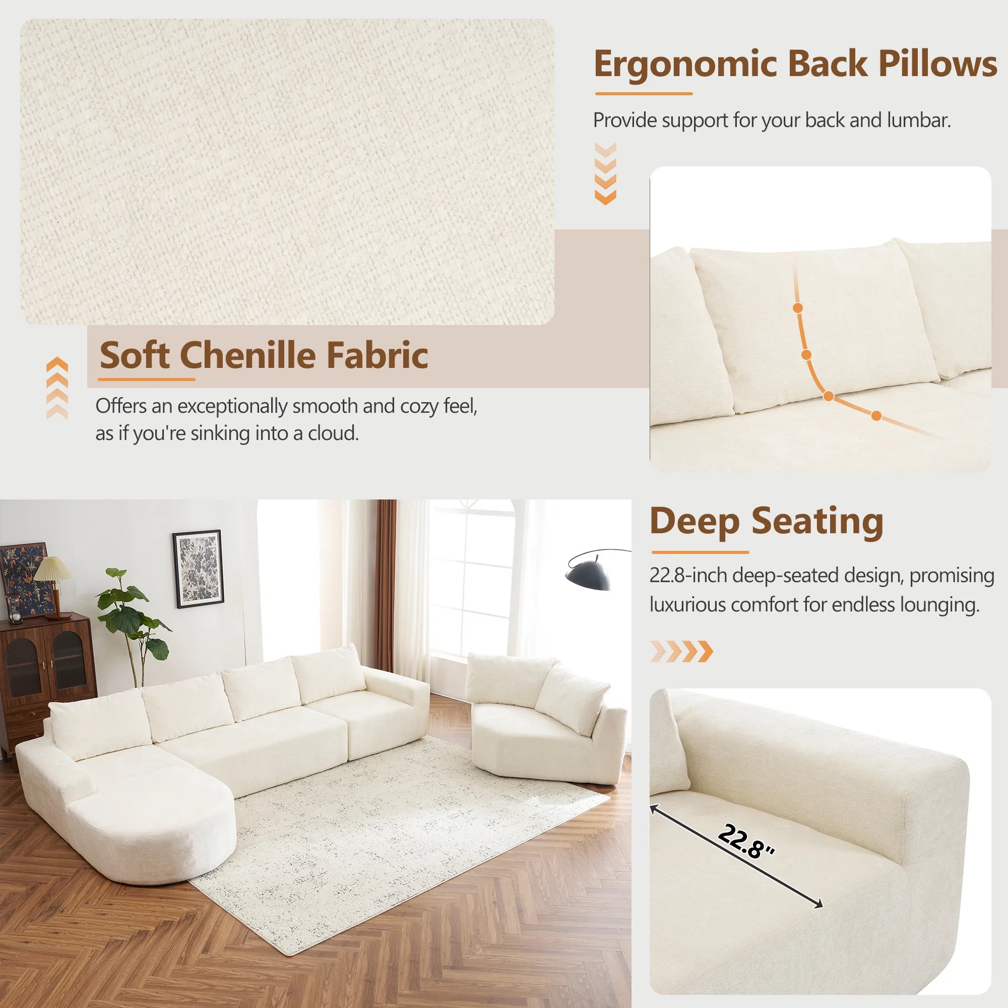 142" Oversized Cloud Sectional Modular Compressed Sofa with Chenille Fabric & Deep Seat