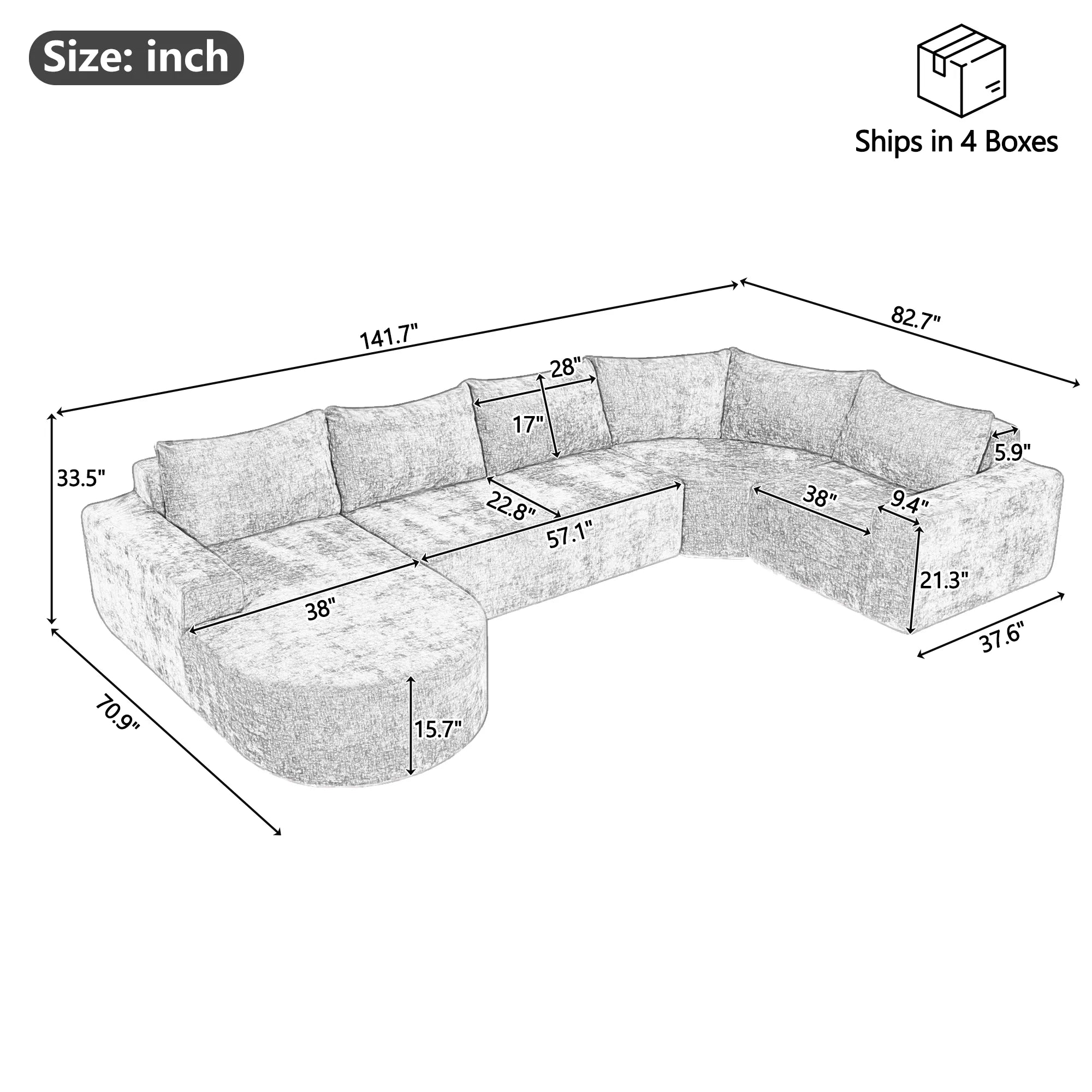 142" Oversized Cloud Sectional Modular Compressed Sofa with Chenille Fabric & Deep Seat