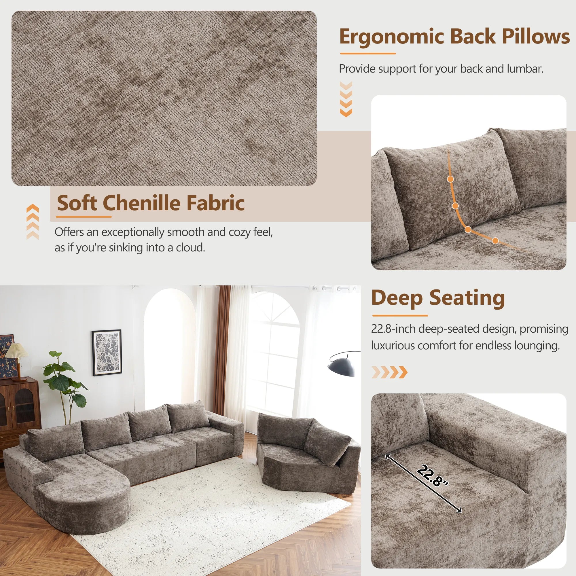 142" Oversized Cloud Sectional Modular Compressed Sofa with Chenille Fabric & Deep Seat
