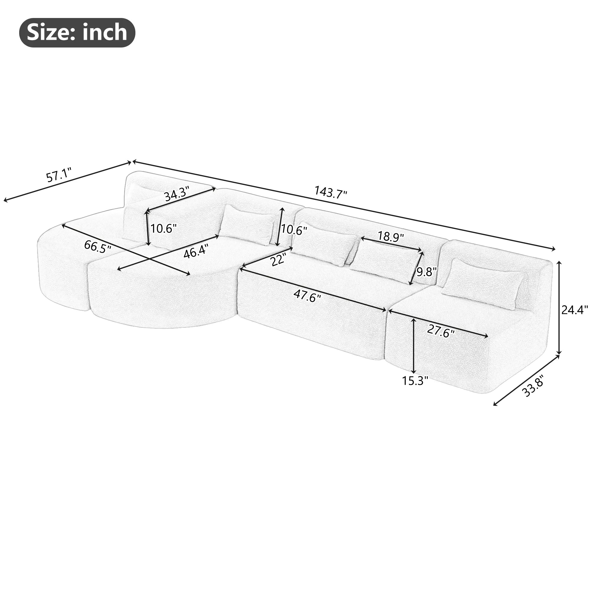 144" Upholstered Modern Modular Sofa with Two Chaise Lounge