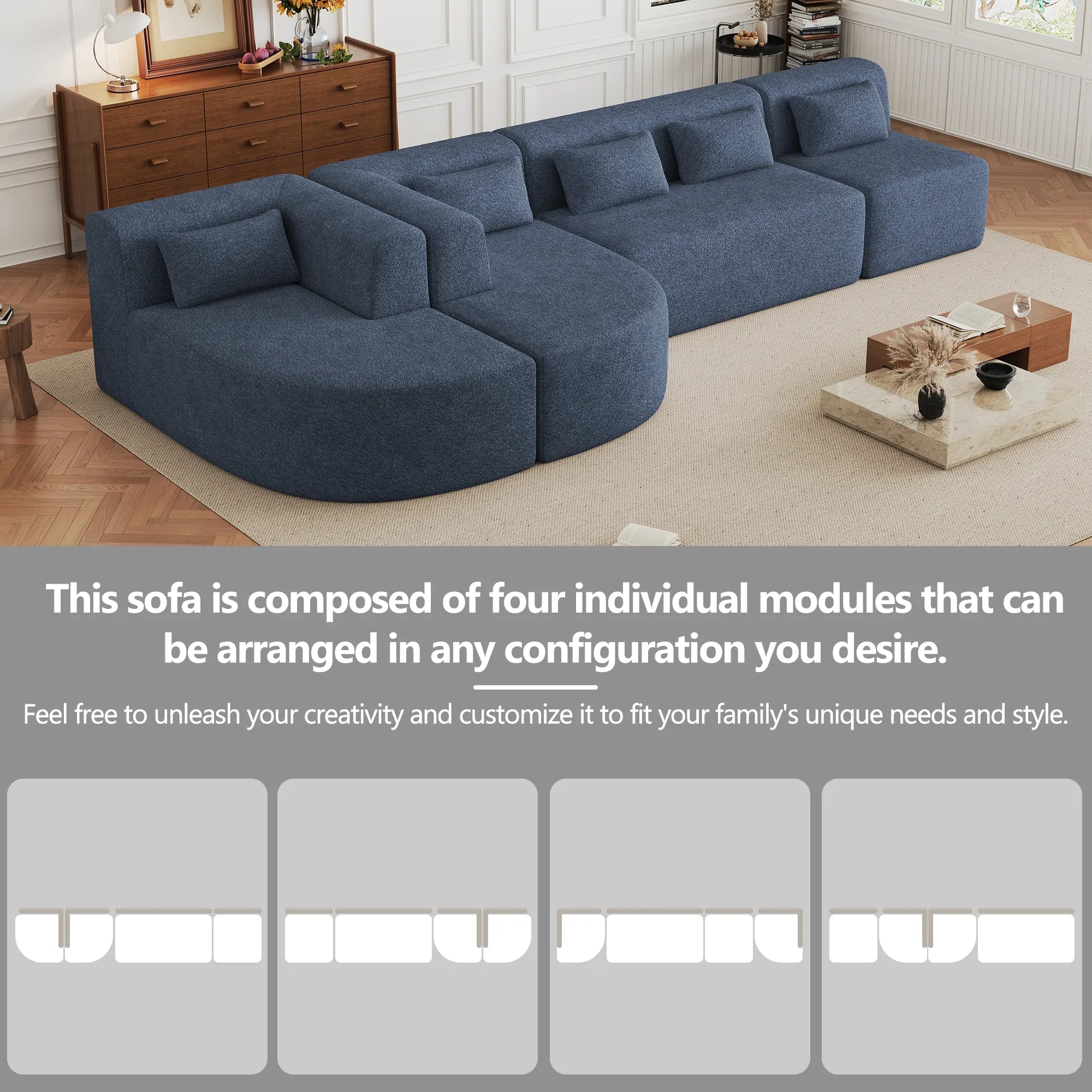 144" Upholstered Modern Modular Sofa with Two Chaise Lounge