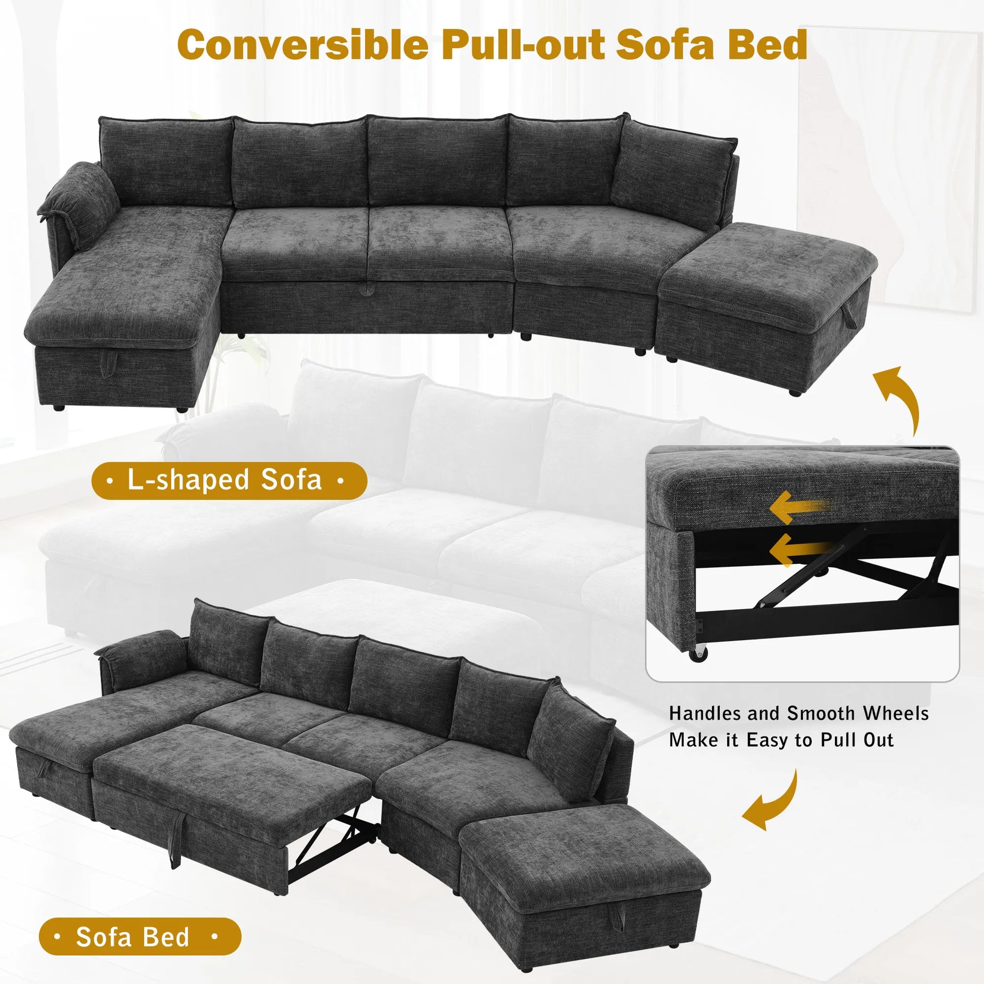 147" L Shape Pull-Out Sectional Sofa Bed with Ottoman