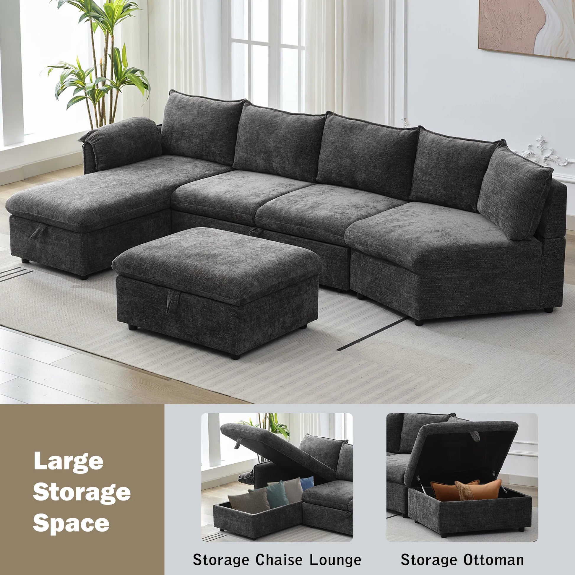 147" L Shape Pull-Out Sectional Sofa Bed with Ottoman