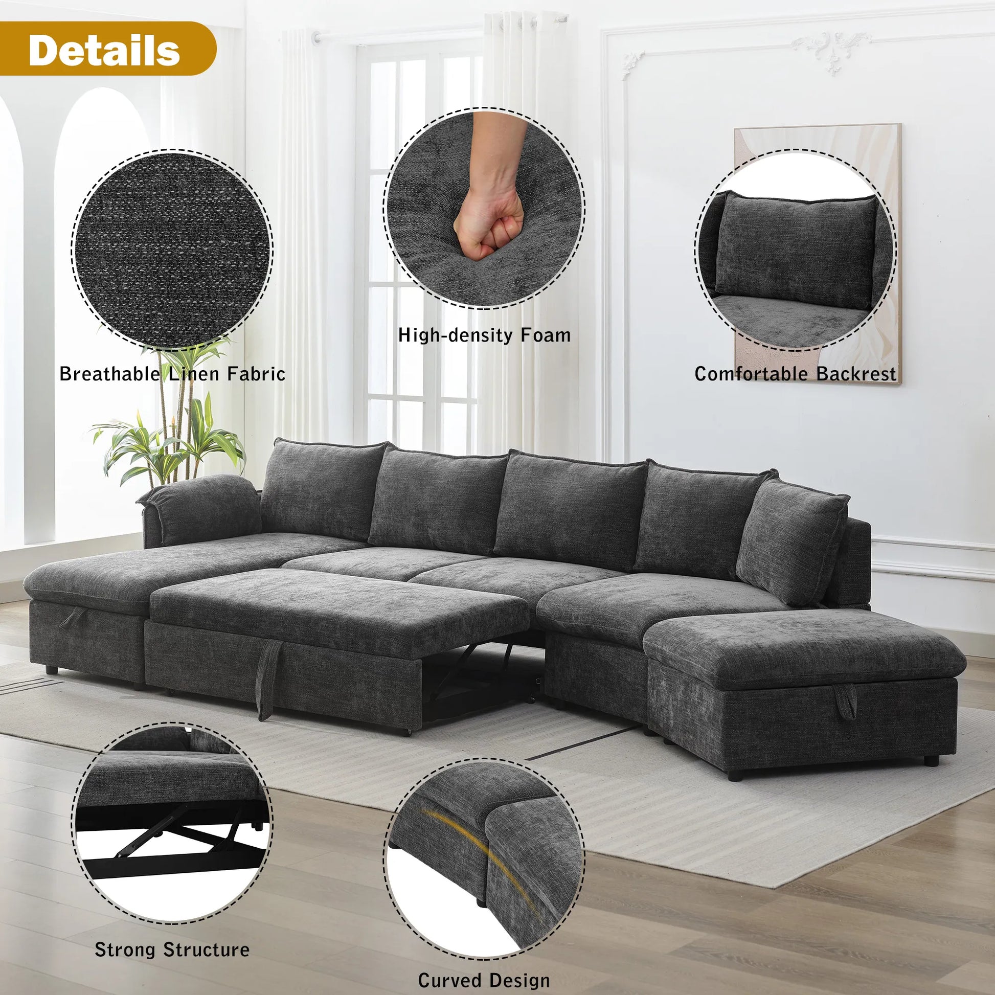 147" L Shape Pull-Out Sectional Sofa Bed with Ottoman