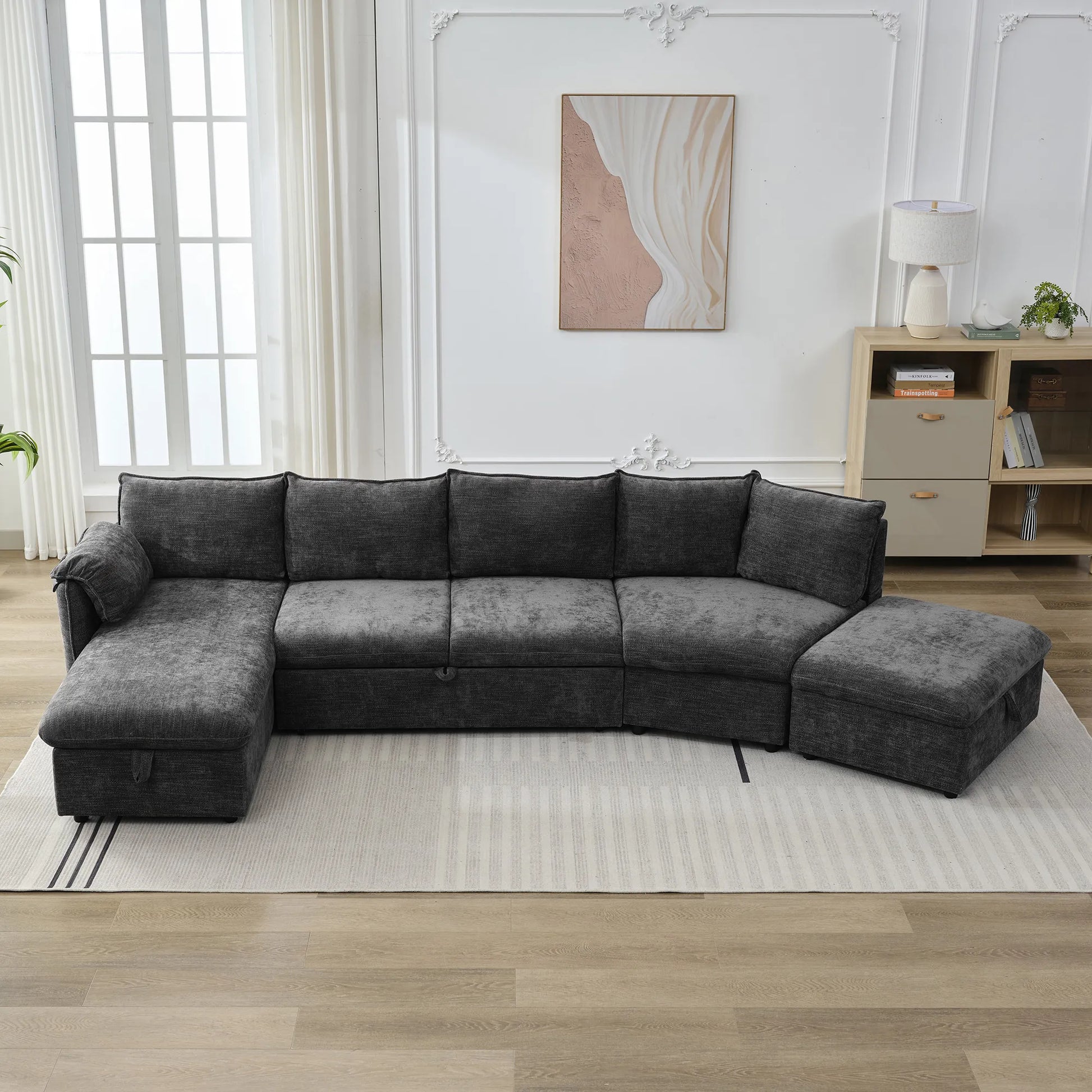 147" L Shape Pull-Out Sectional Sofa Bed with Ottoman