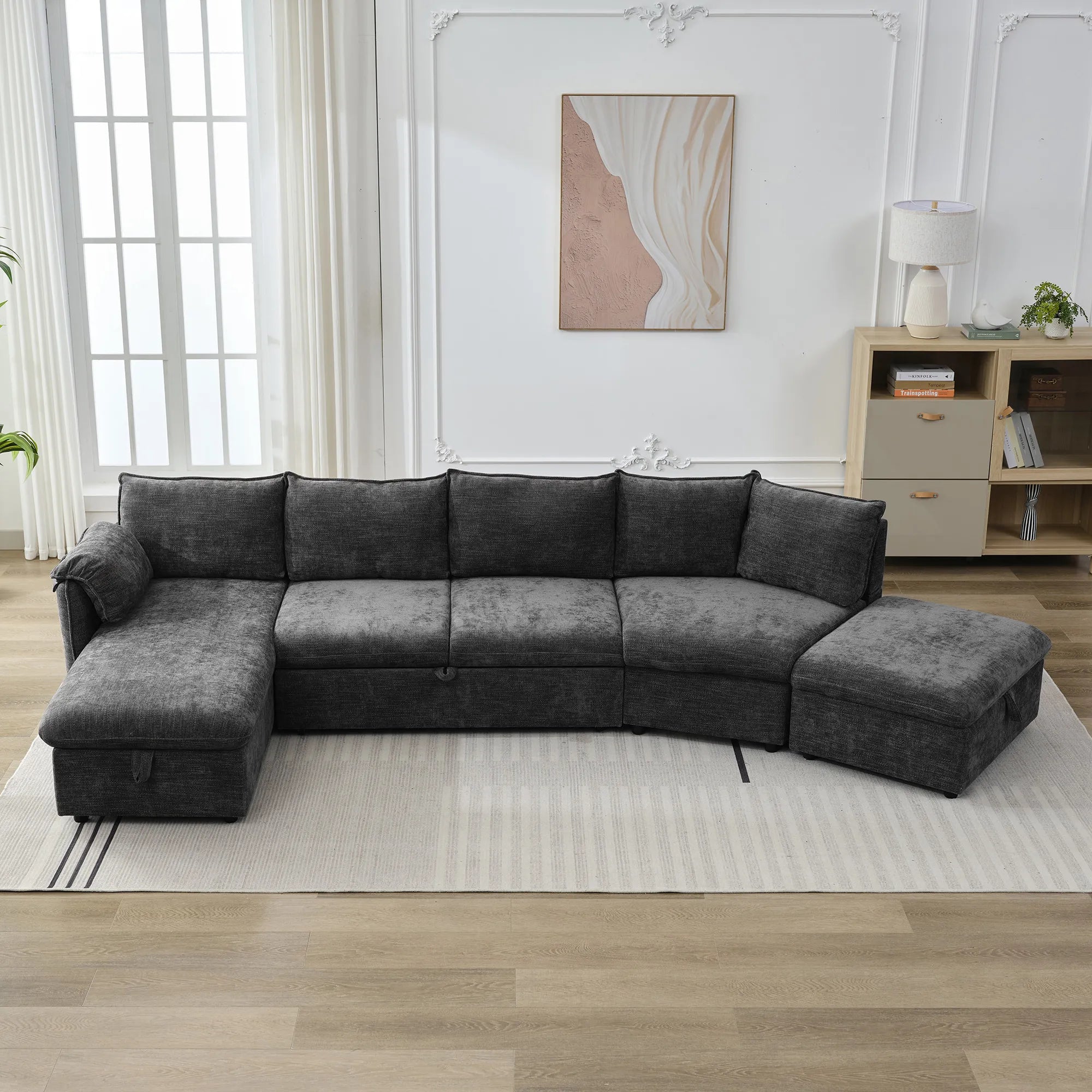 147" L Shape Pull-Out Sectional Sofa Bed with Ottoman