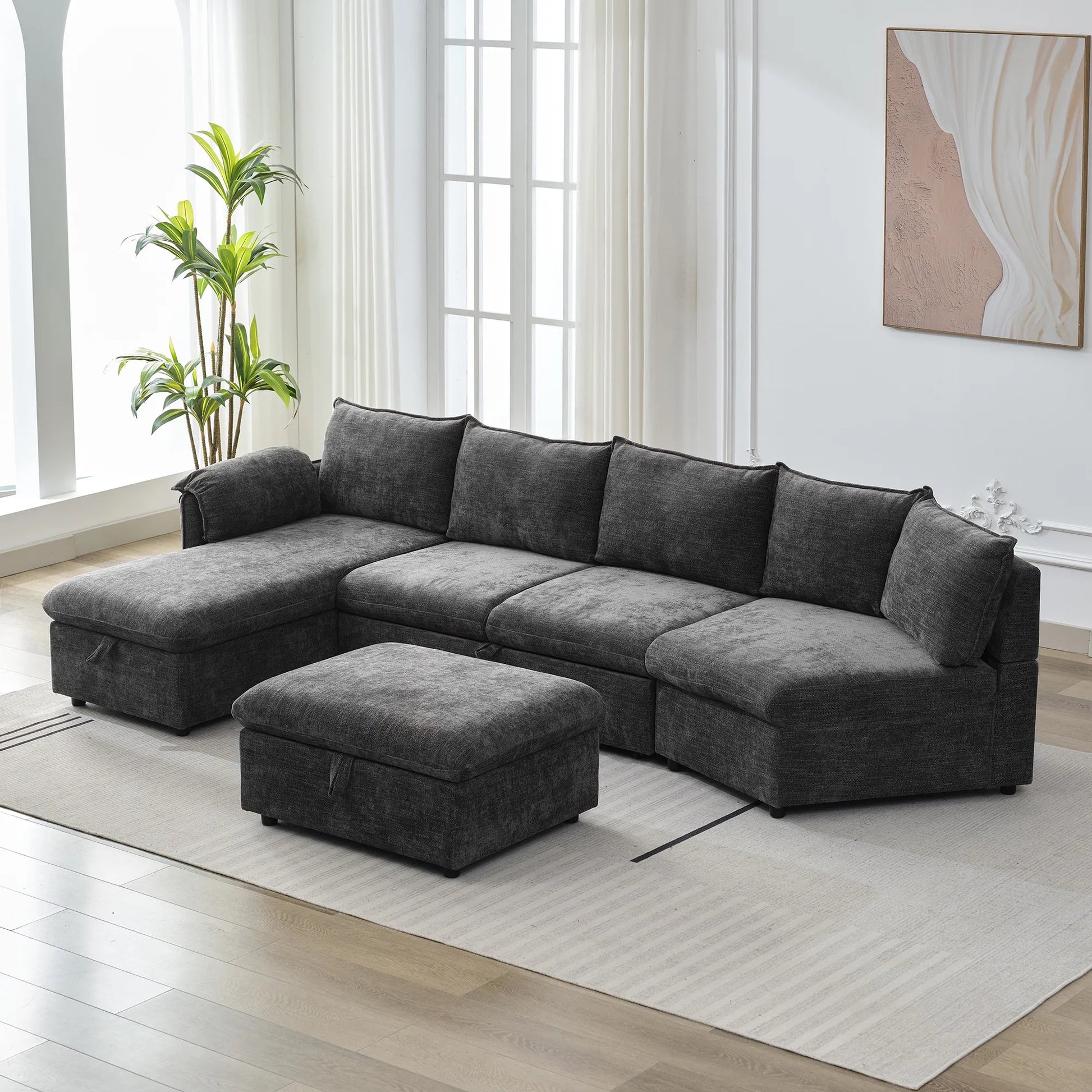 147" L Shape Pull-Out Sectional Sofa Bed with Ottoman