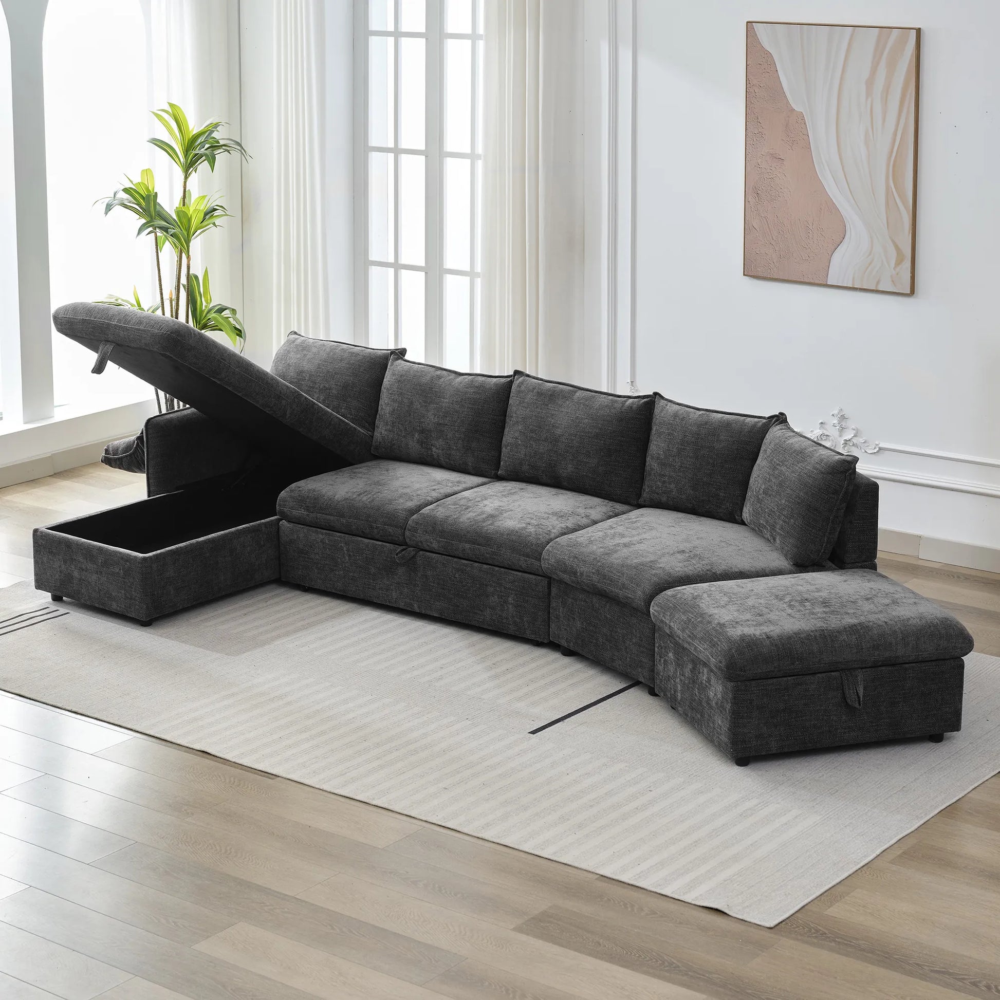 147" L Shape Pull-Out Sectional Sofa Bed with Ottoman