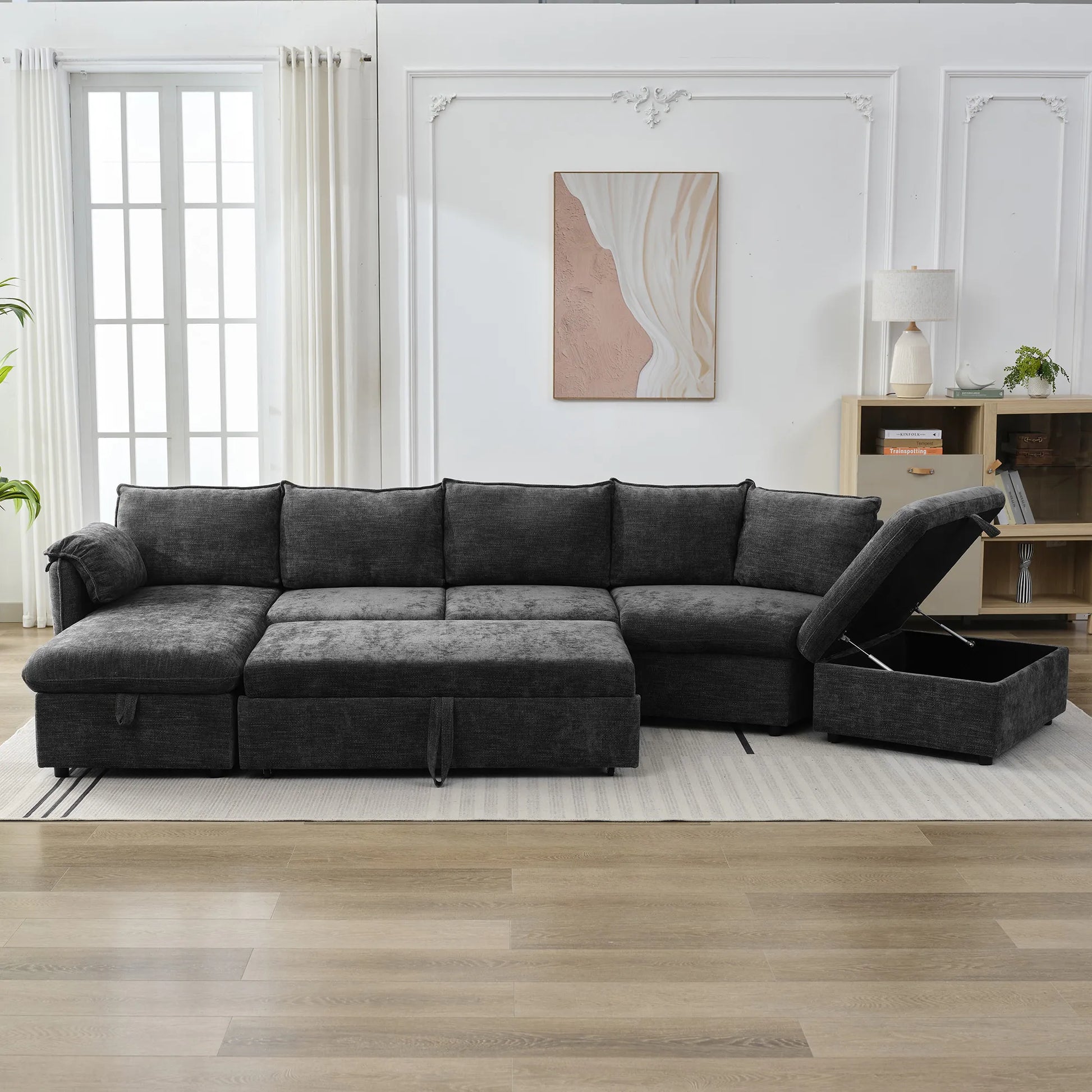 147" L Shape Pull-Out Sectional Sofa Bed with Ottoman