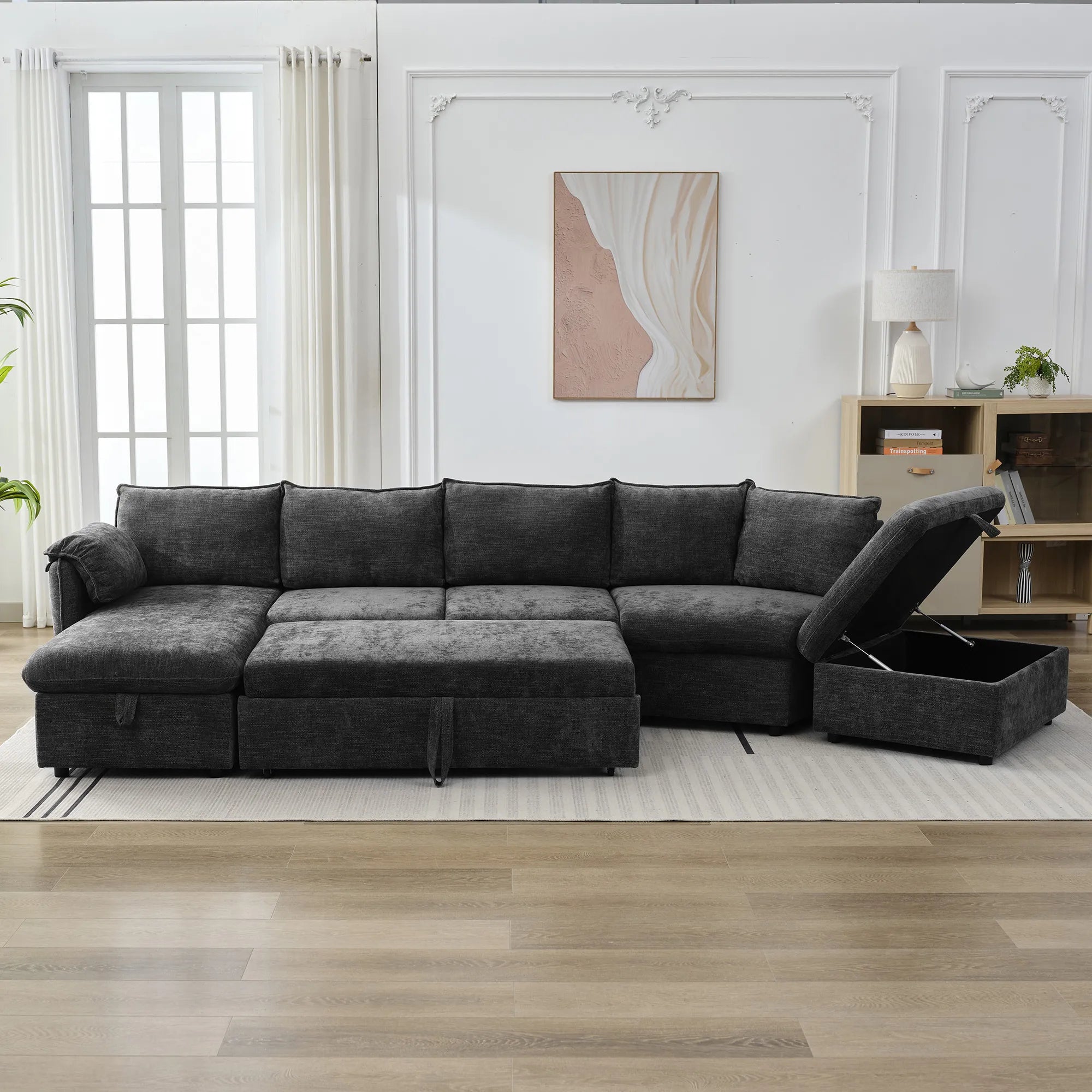 147" L Shape Pull-Out Sectional Sofa Bed with Ottoman