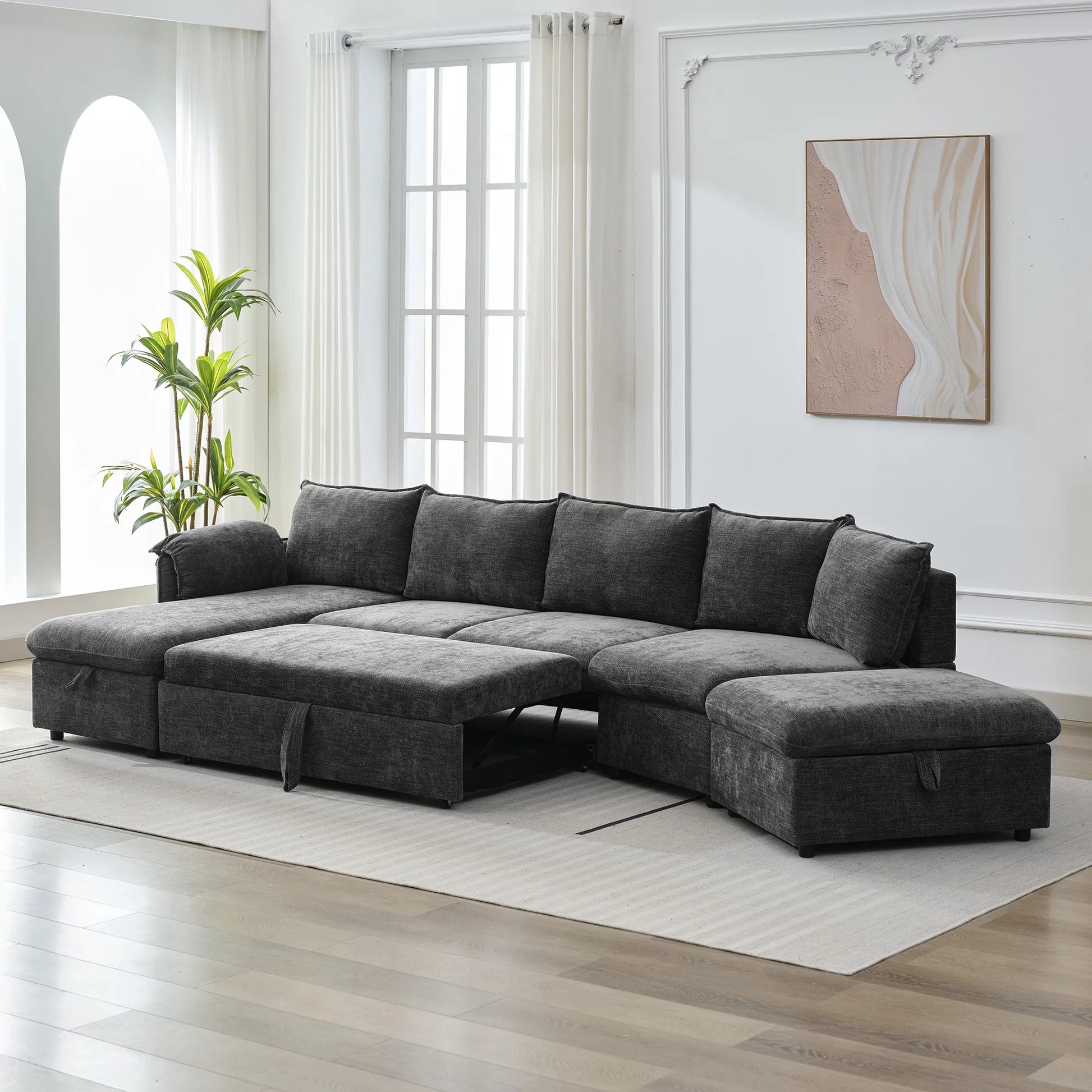 147" L Shape Pull-Out Sectional Sofa Bed with Ottoman