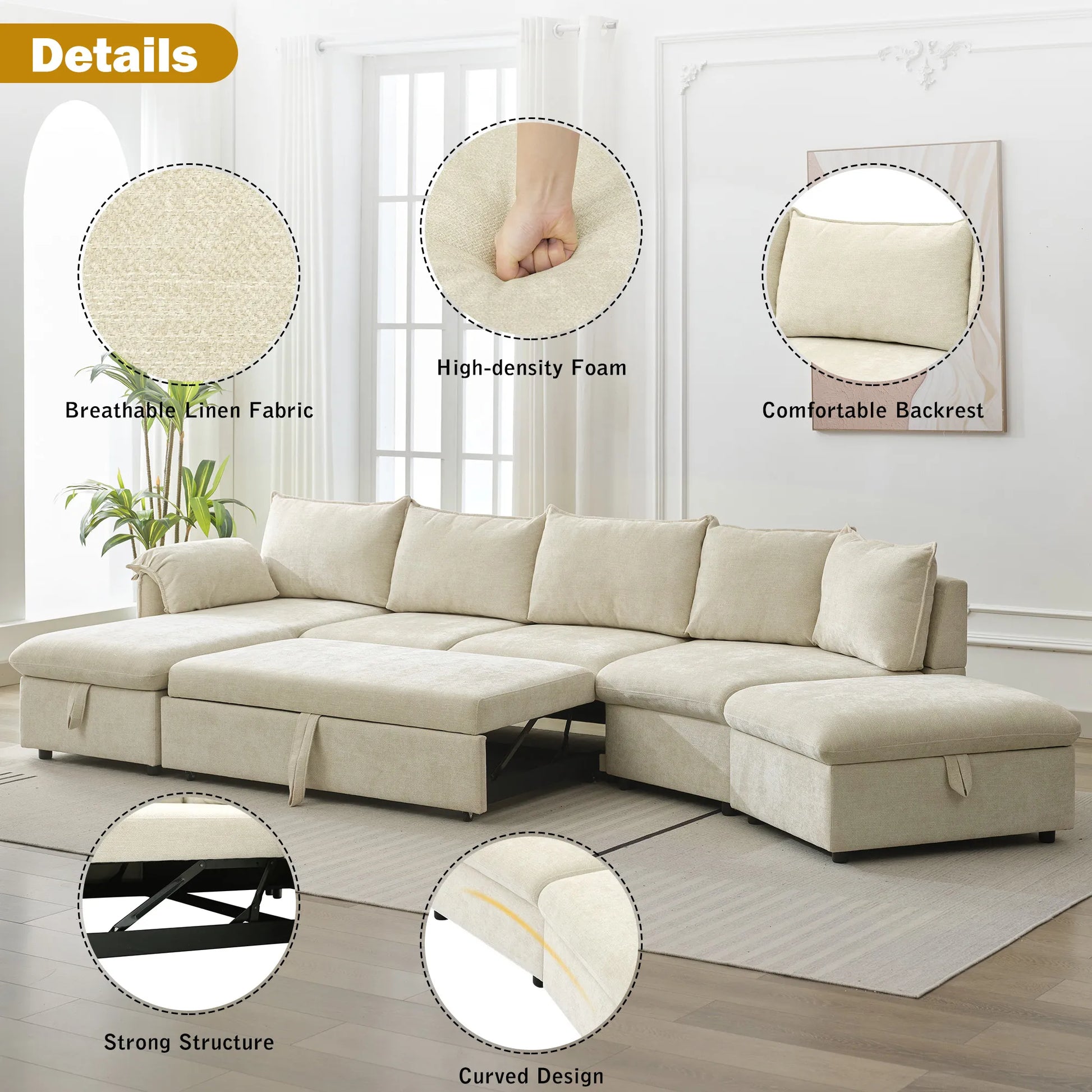 147" L Shape Pull-Out Sectional Sofa Bed with Ottoman