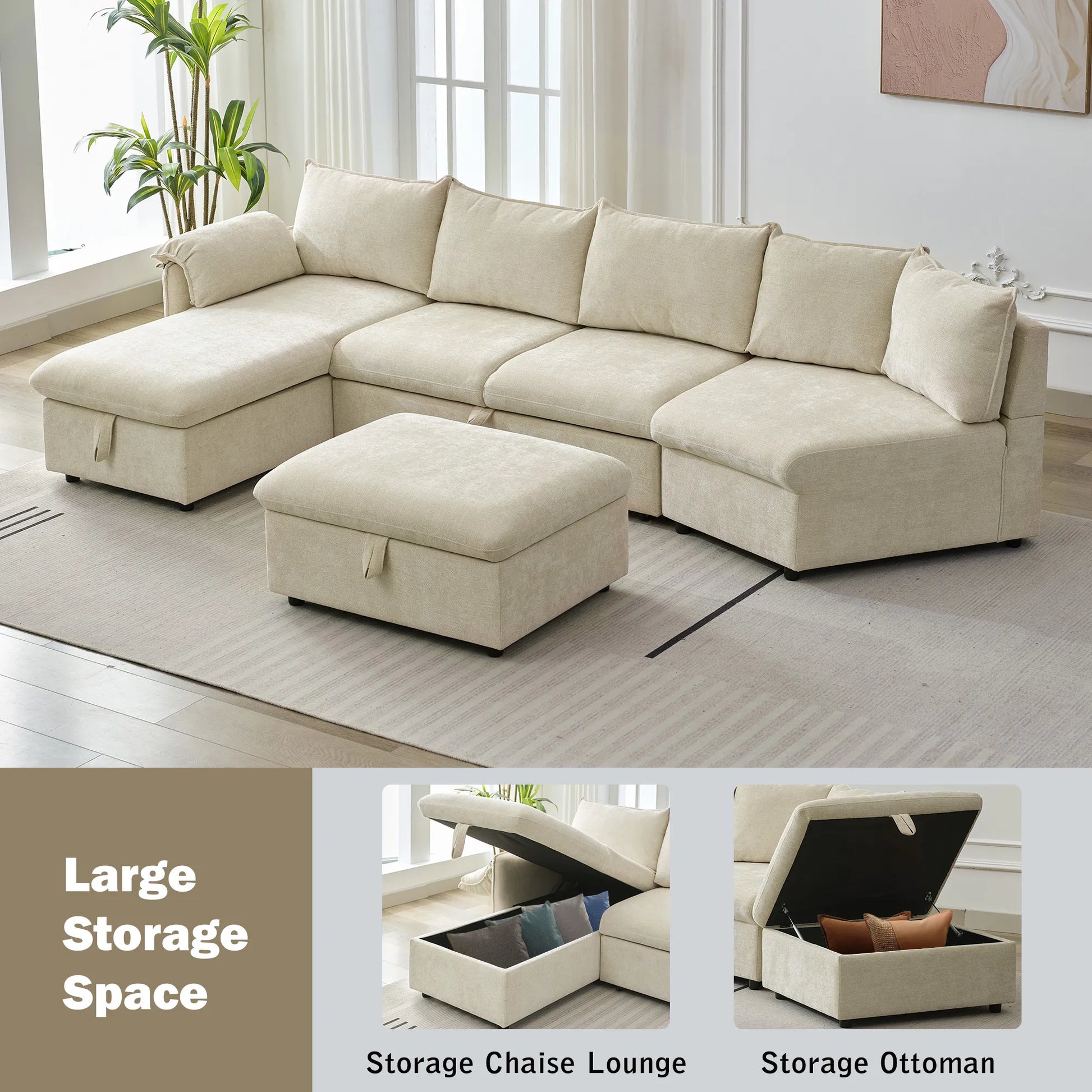 147" L Shape Pull-Out Sectional Sofa Bed with Ottoman