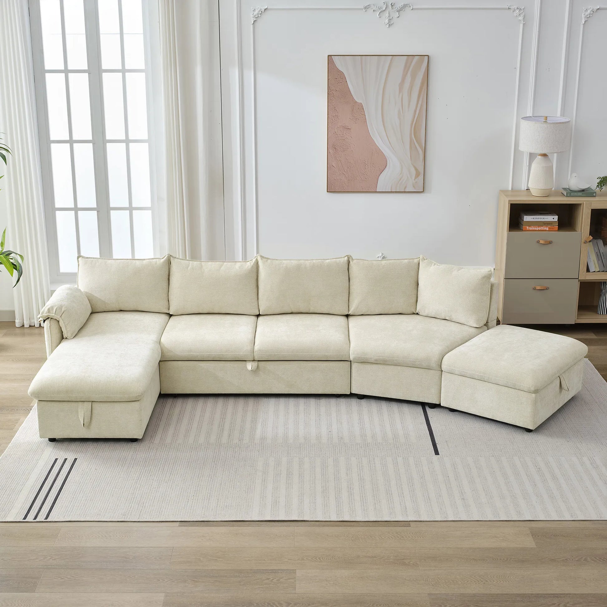 147" L Shape Pull-Out Sectional Sofa Bed with Ottoman