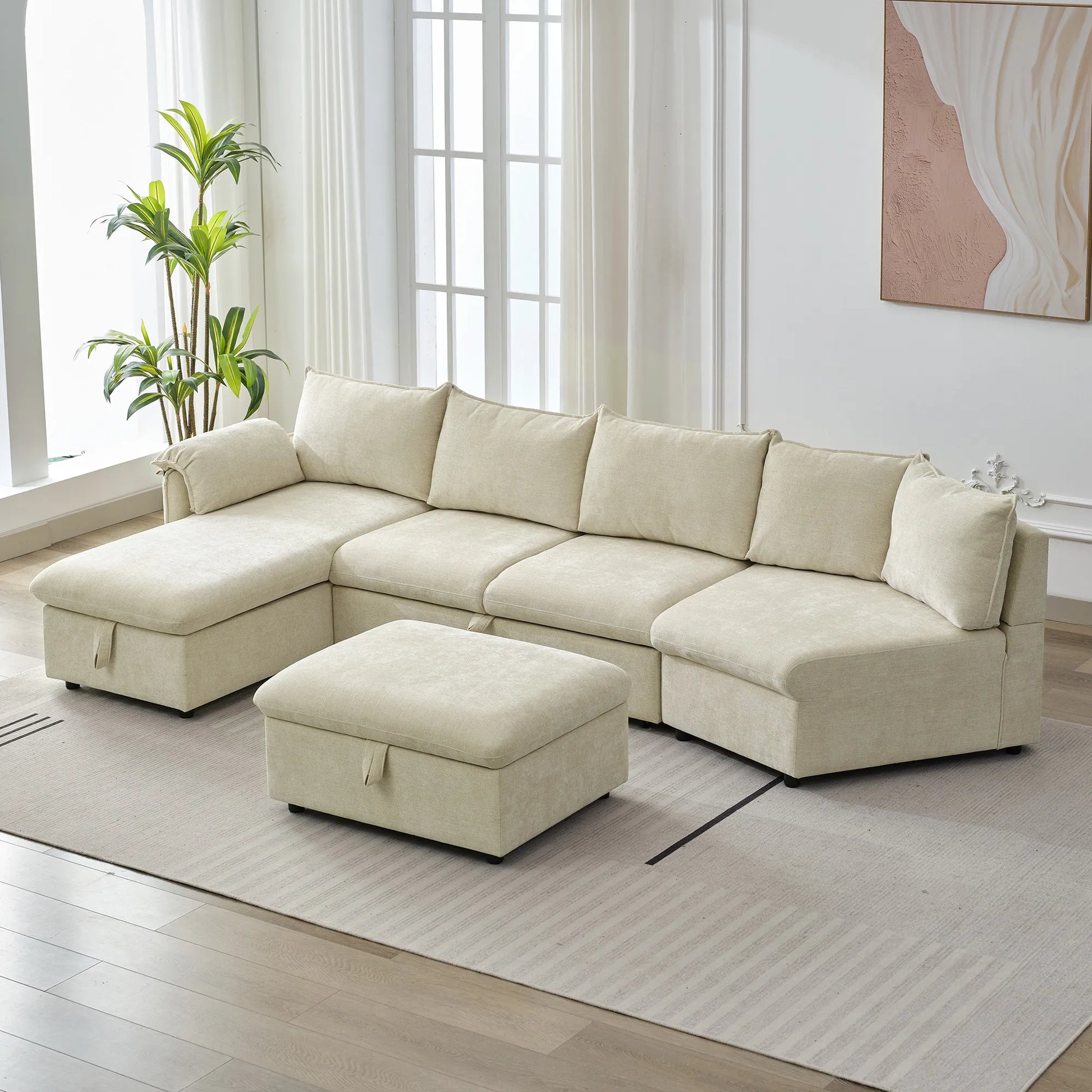 147" L Shape Pull-Out Sectional Sofa Bed with Ottoman