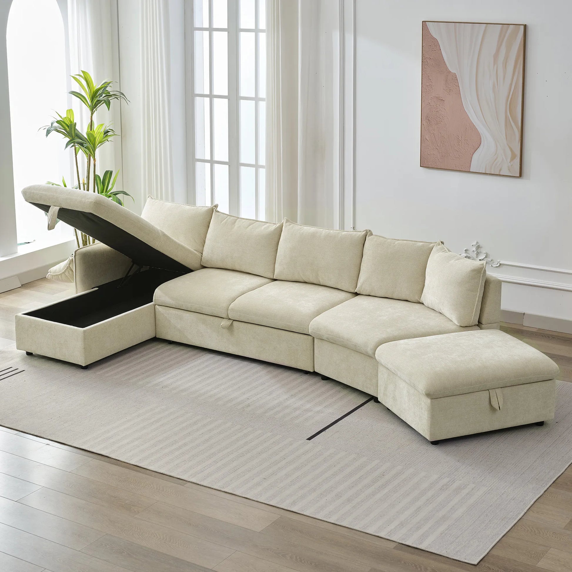 147" L Shape Pull-Out Sectional Sofa Bed with Ottoman