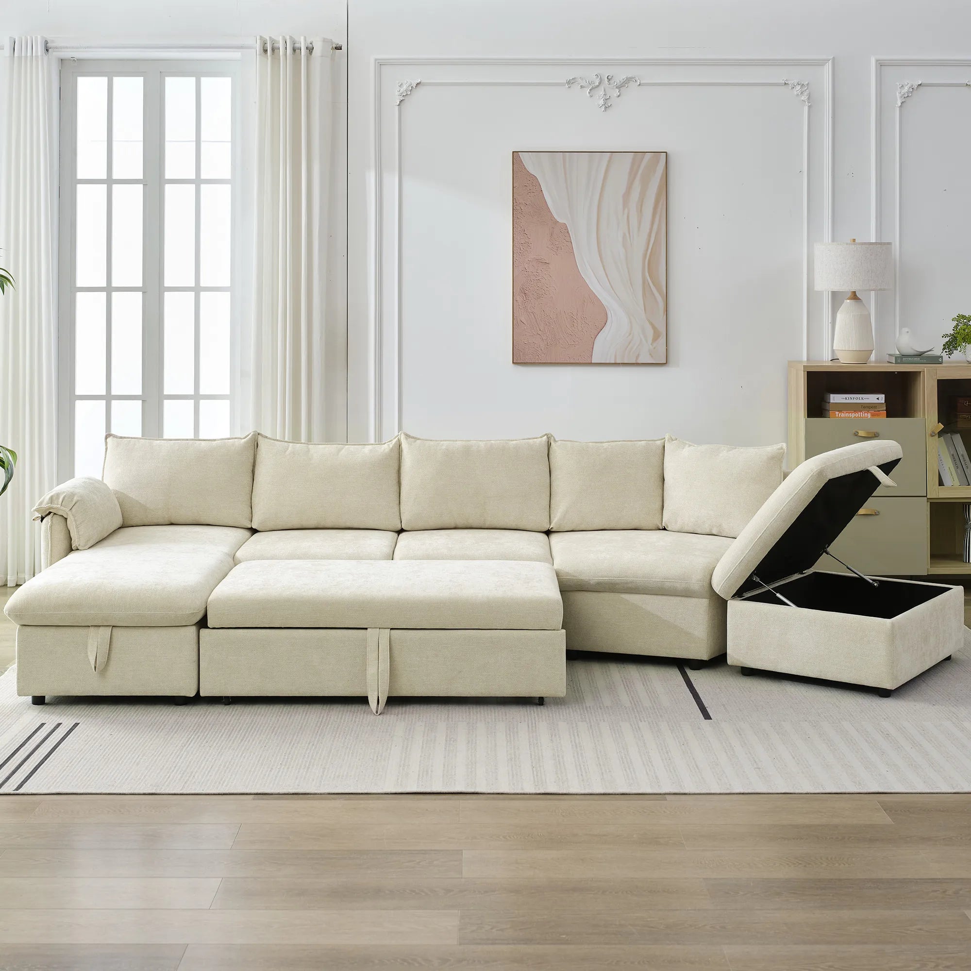 147" L Shape Pull-Out Sectional Sofa Bed with Ottoman