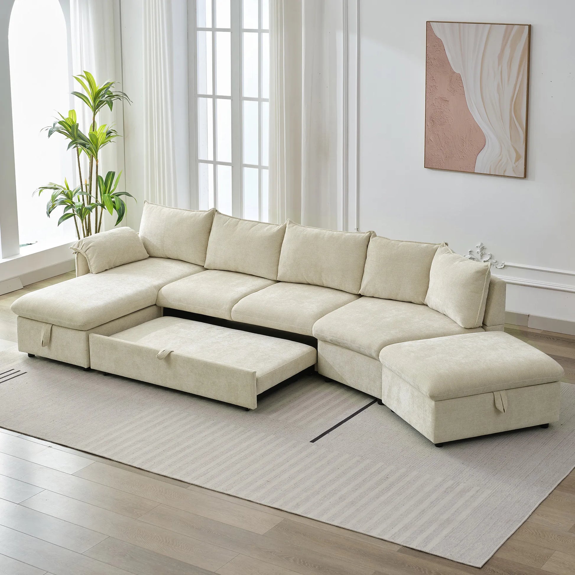147" L Shape Pull-Out Sectional Sofa Bed with Ottoman