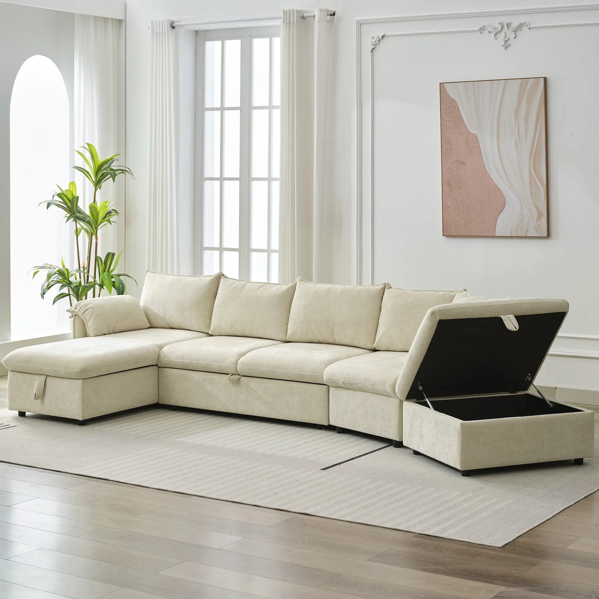 147" L Shape Pull-Out Sectional Sofa Bed with Ottoman