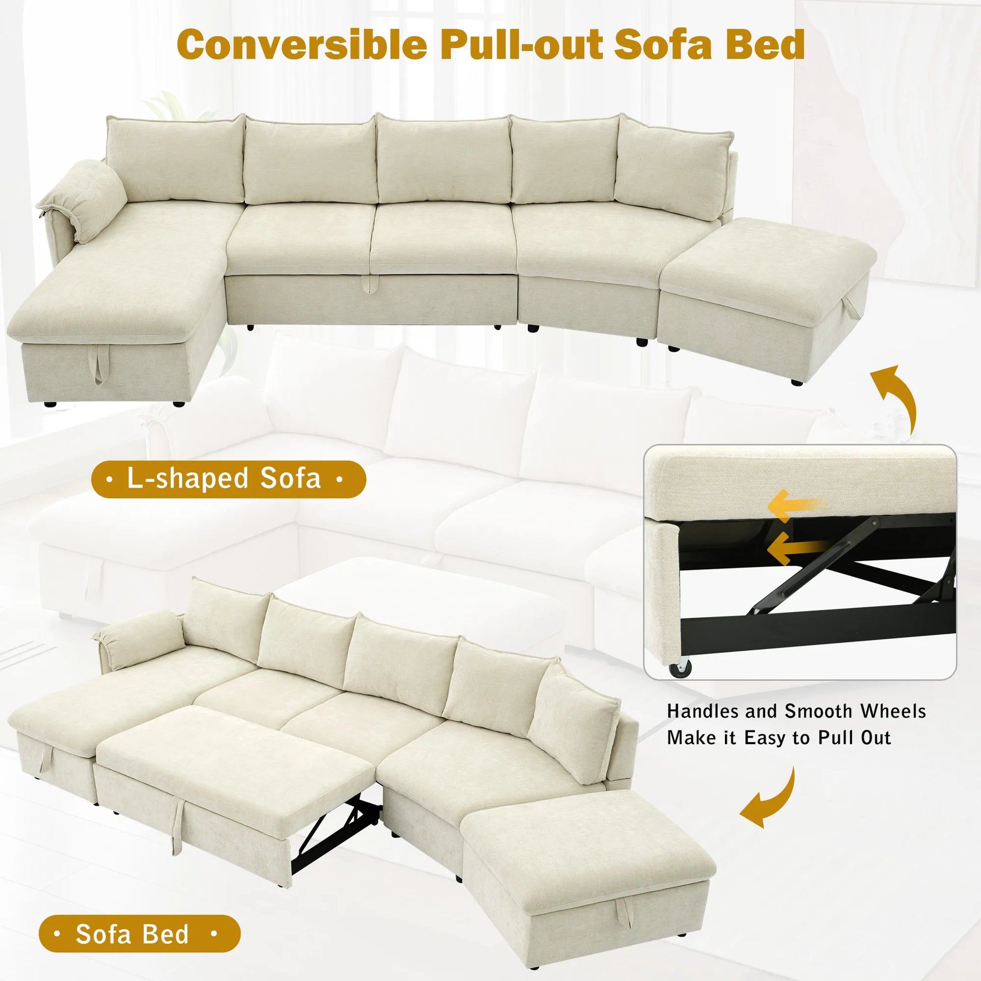 147" L Shape Pull-Out Sectional Sofa Bed with Ottoman