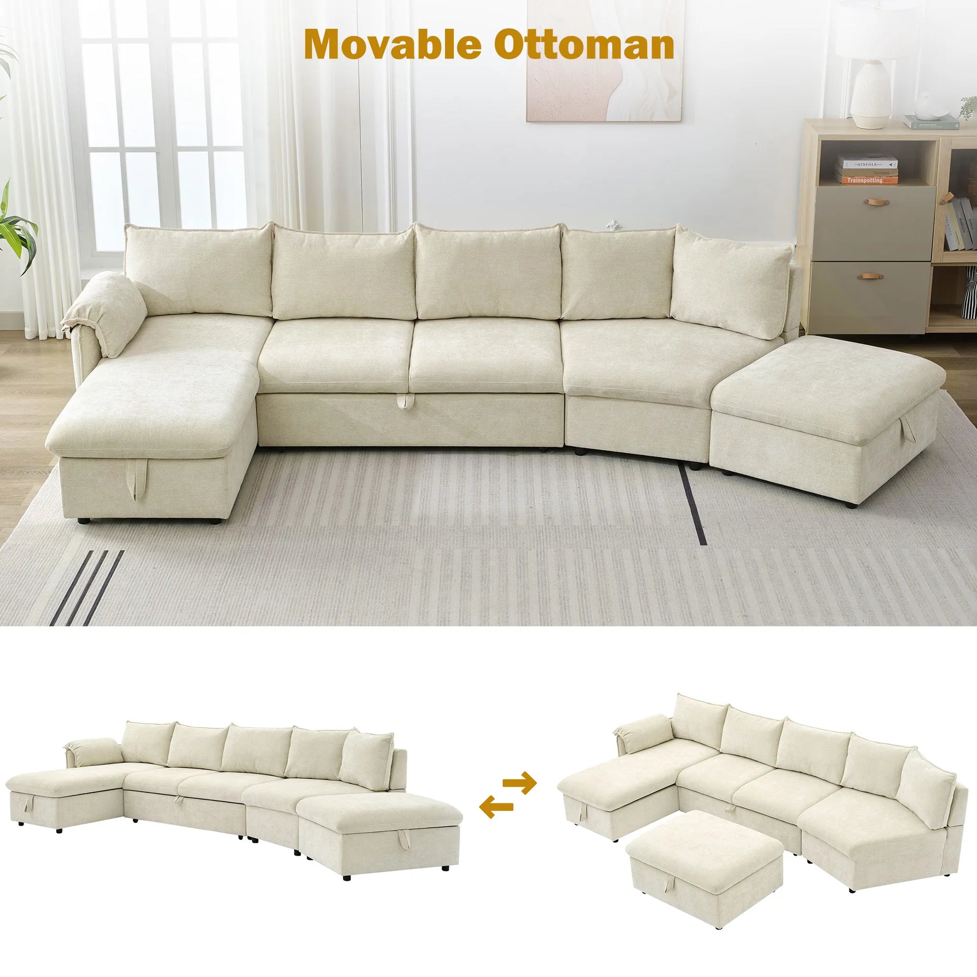 147" L Shape Pull-Out Sectional Sofa Bed with Ottoman