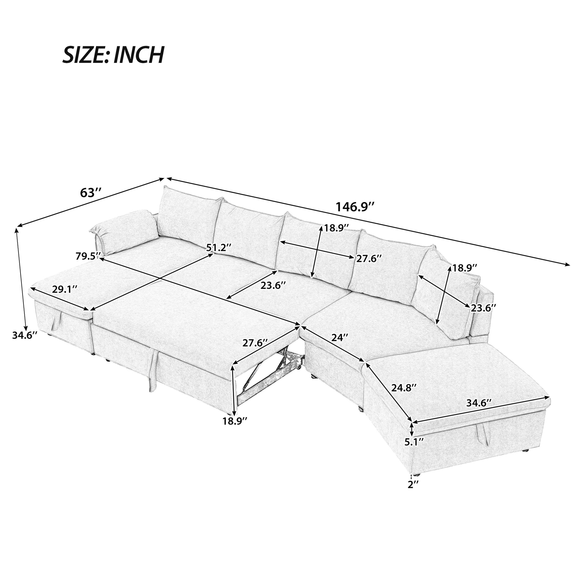 147" L Shape Pull-Out Sectional Sofa Bed with Ottoman