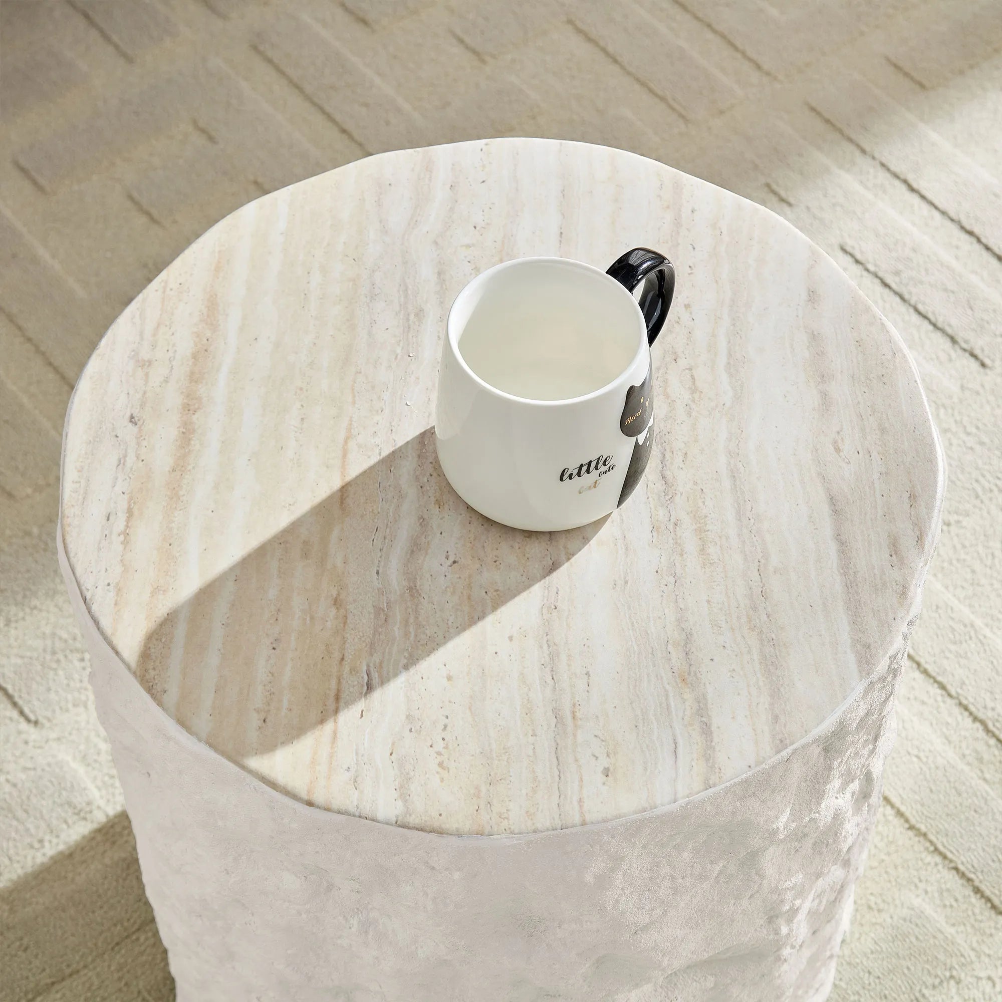 15.7” Round Fiberglass Side Table, Imitation Stone Design