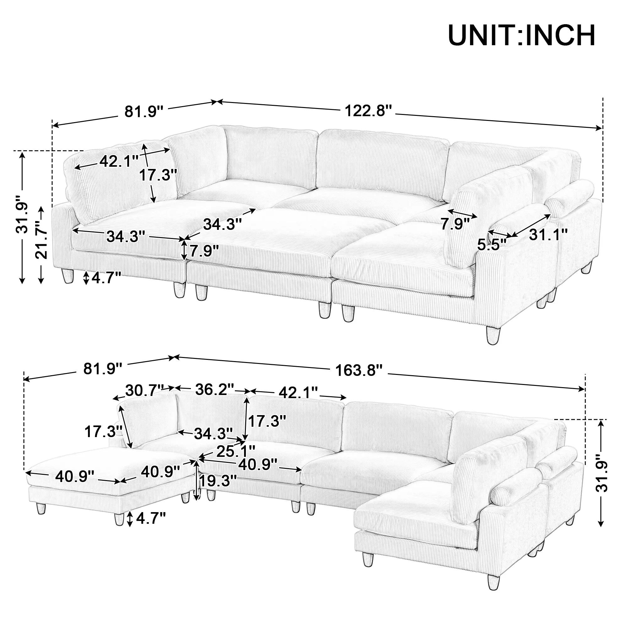 163'' Modular Sectional Sofa with Ottoman