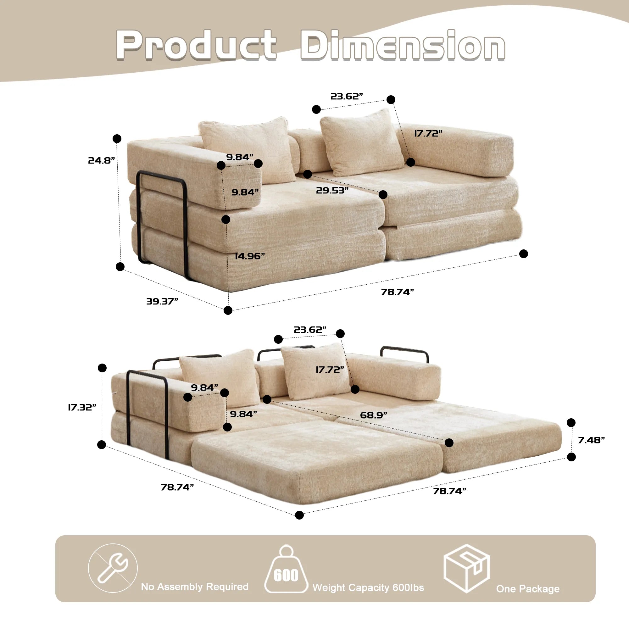 2-Seat Modular Convertible Floor Sofa Bed
