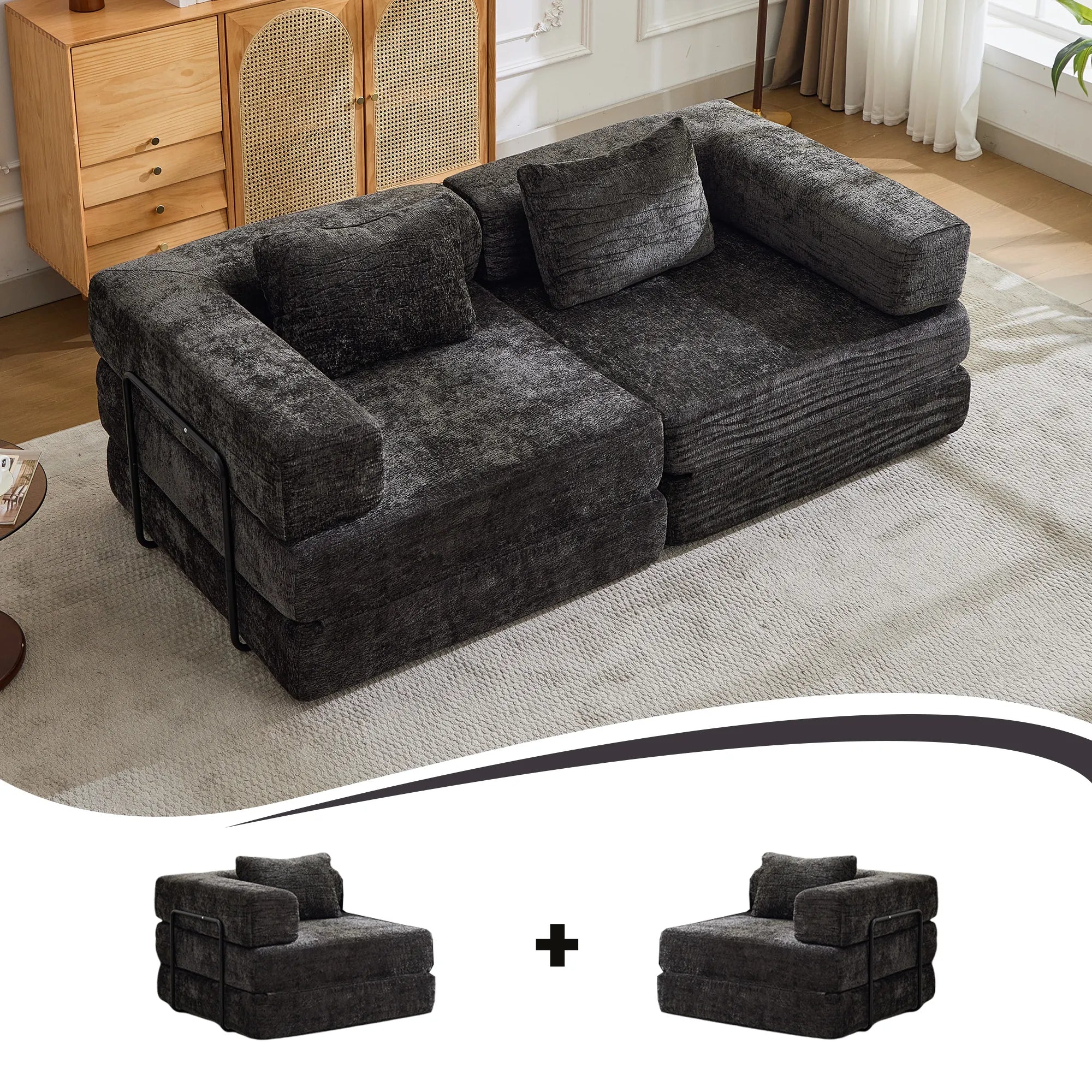 2-Seat Modular Convertible Floor Sofa Bed