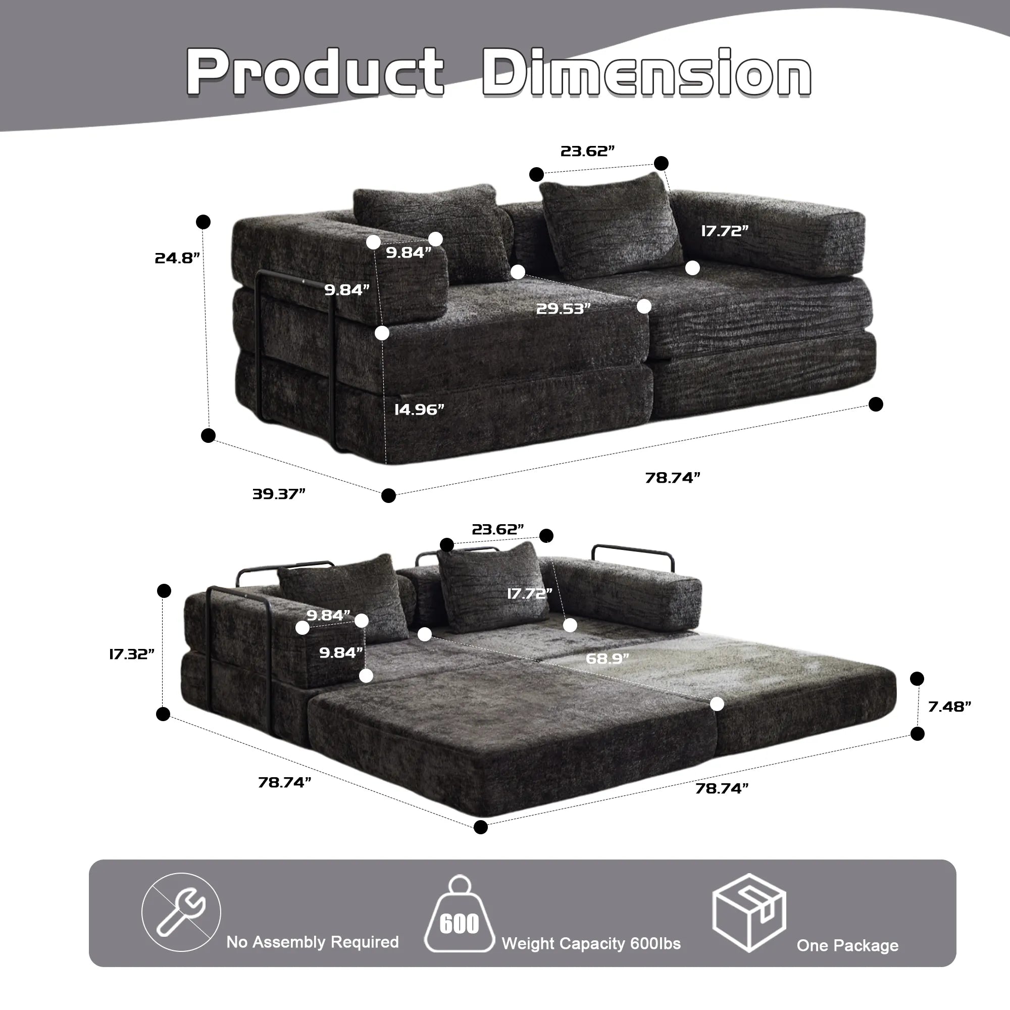 2-Seat Modular Convertible Floor Sofa Bed