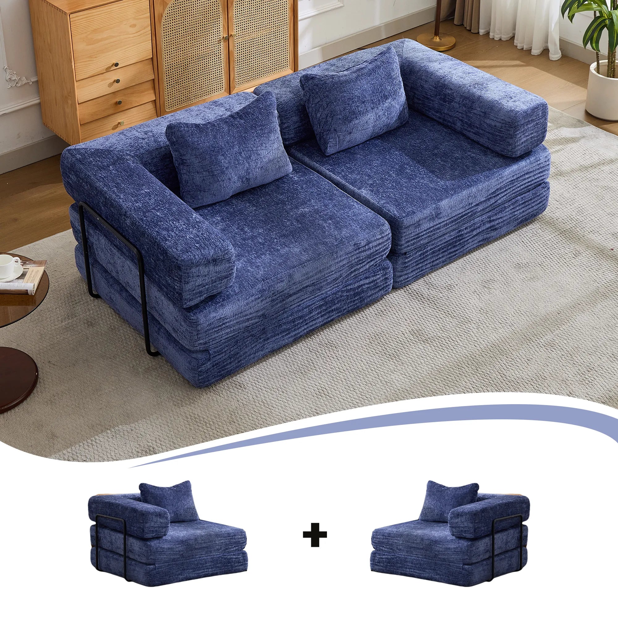 2-Seat Modular Convertible Floor Sofa Bed