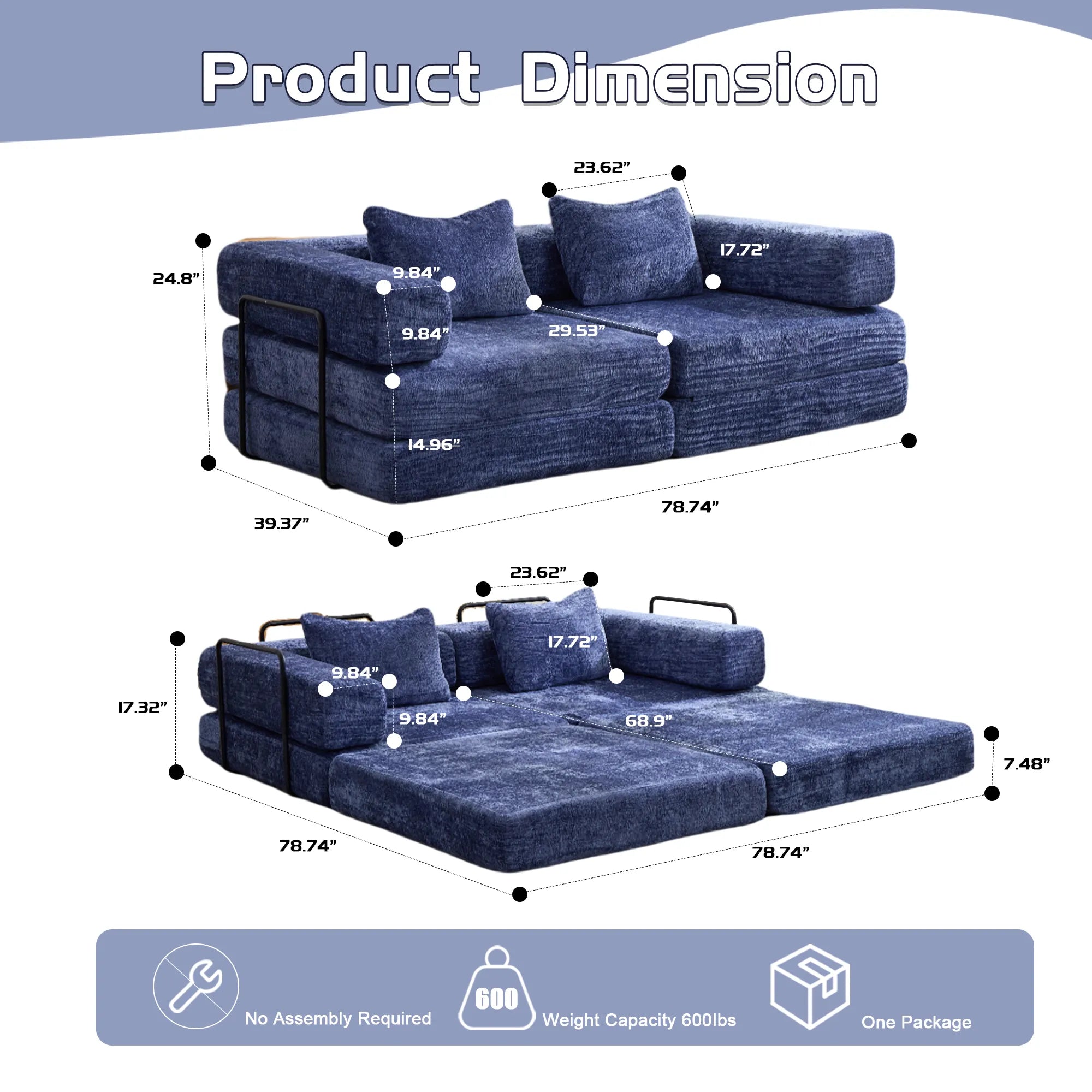 2-Seat Modular Convertible Floor Sofa Bed
