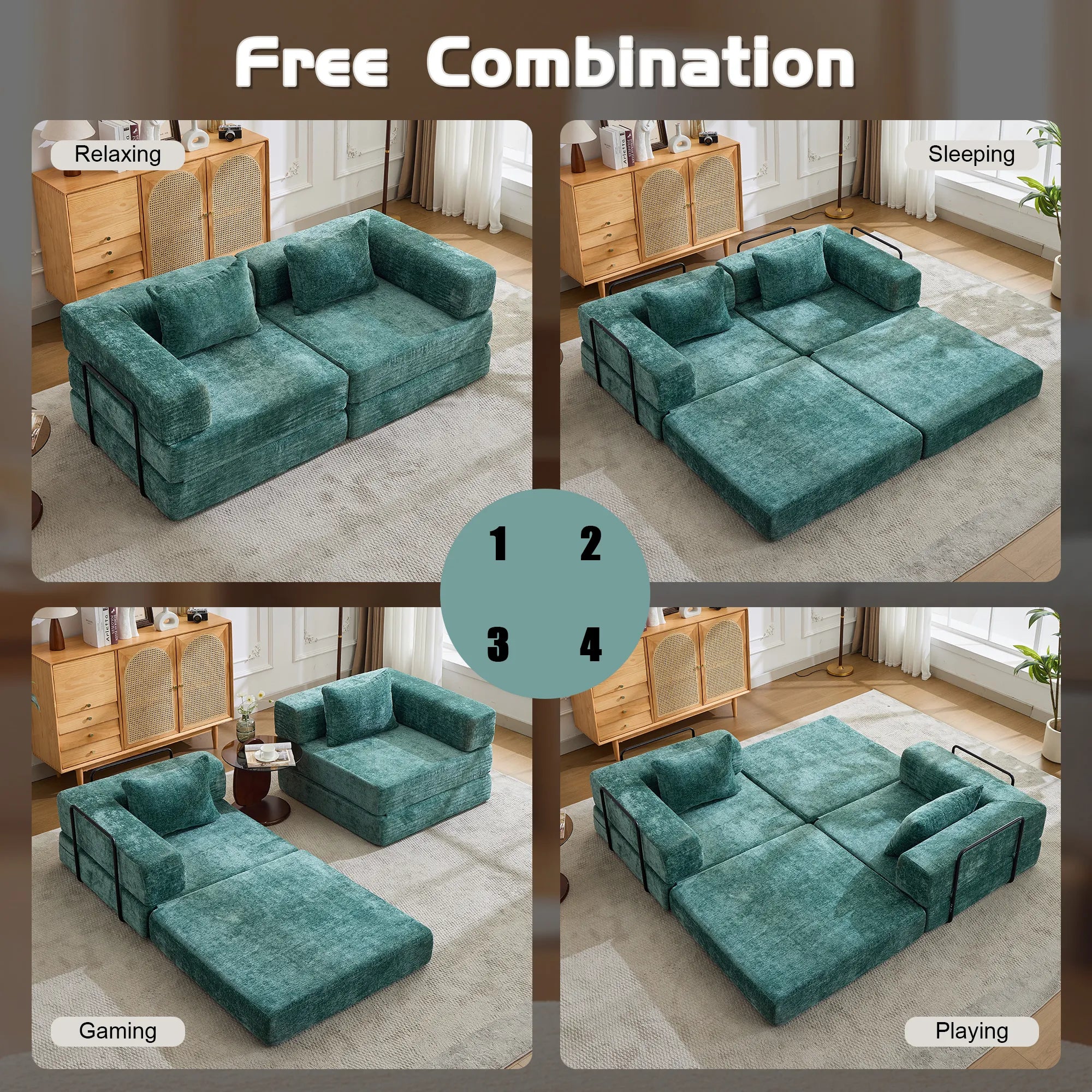2-Seat Modular Convertible Floor Sofa Bed