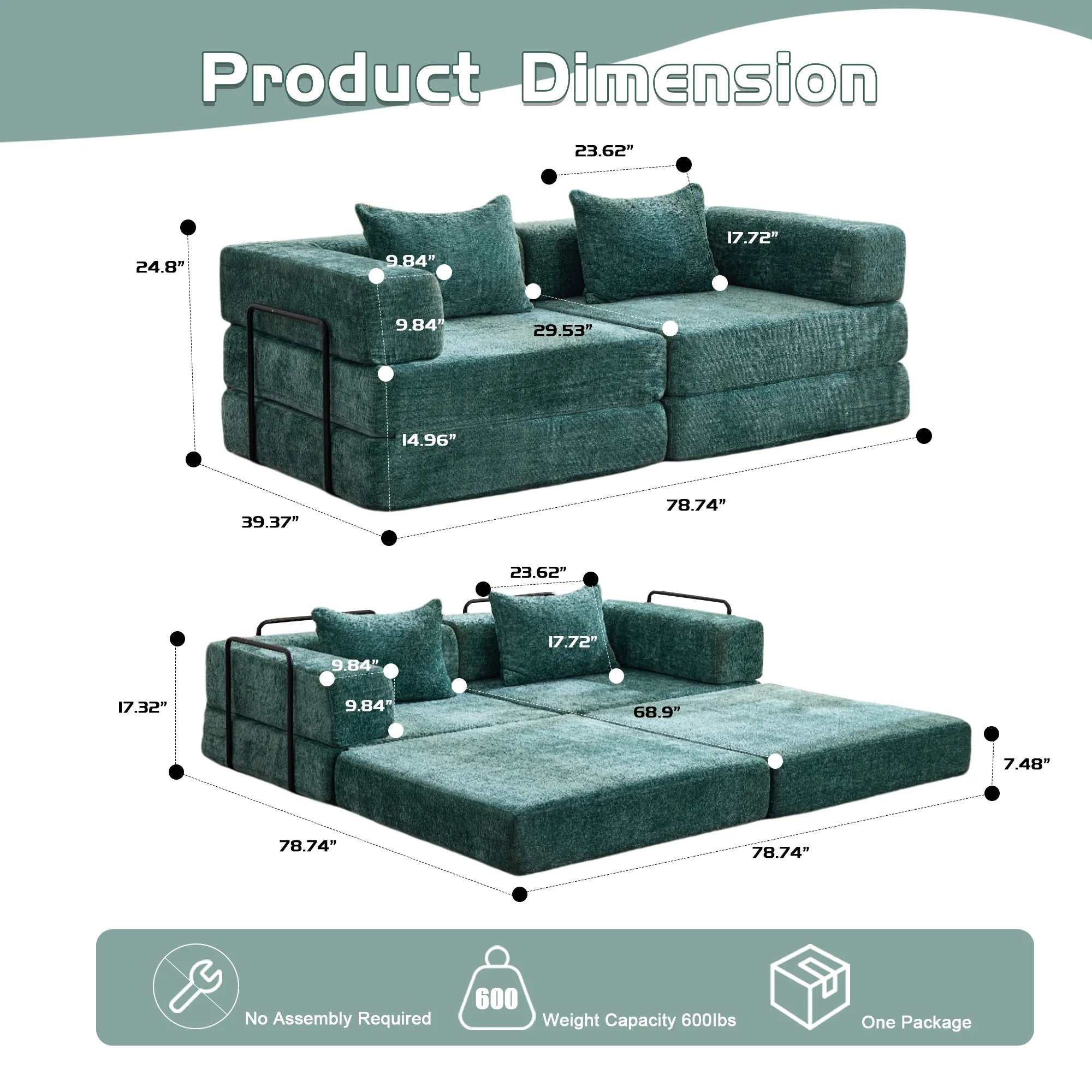 2-Seat Modular Convertible Floor Sofa Bed