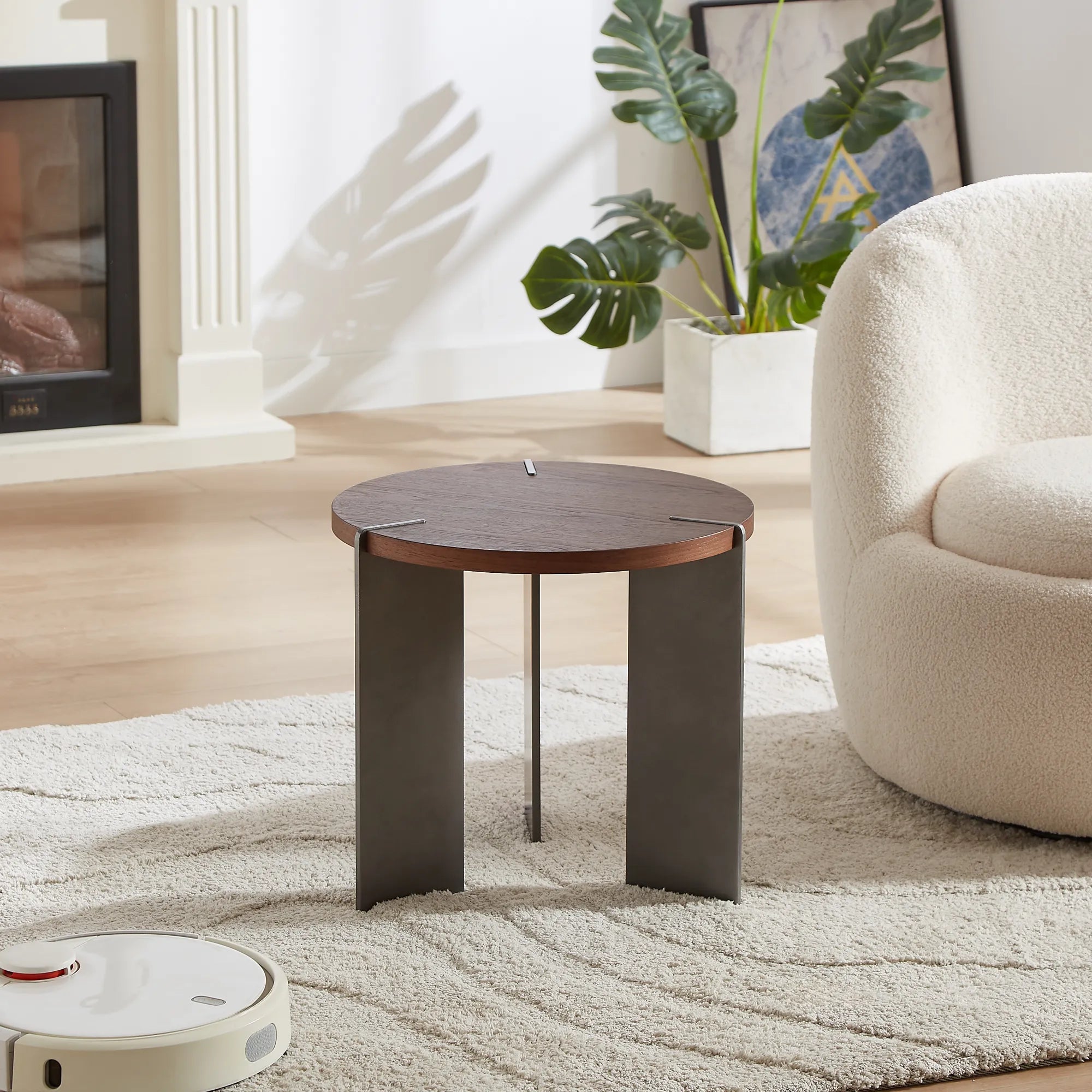 20" Round Walnut Side Table With Metal Feet