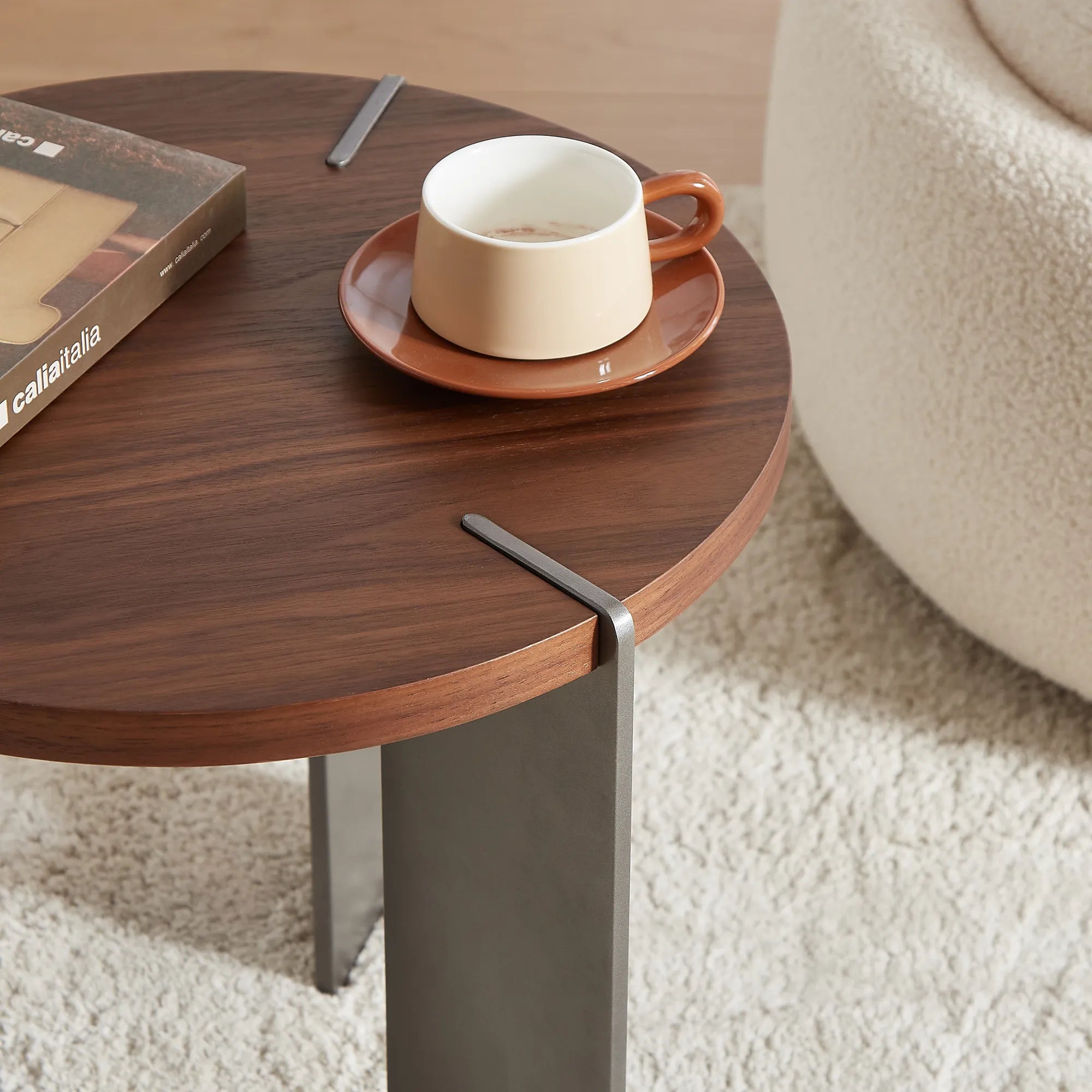 20" Round Walnut Side Table With Metal Feet