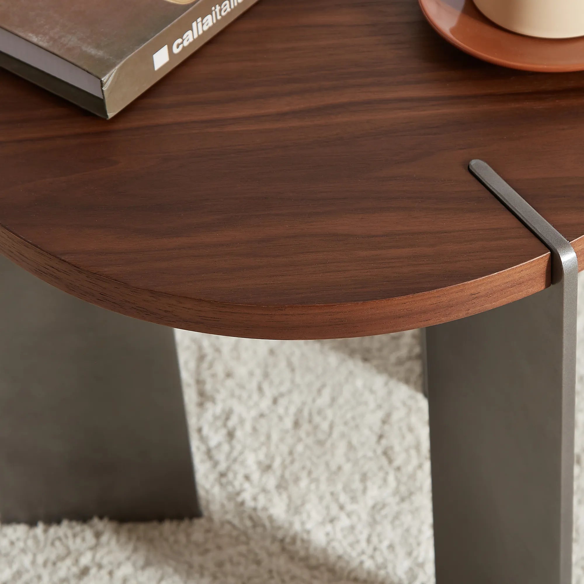 20" Round Walnut Side Table With Metal Feet