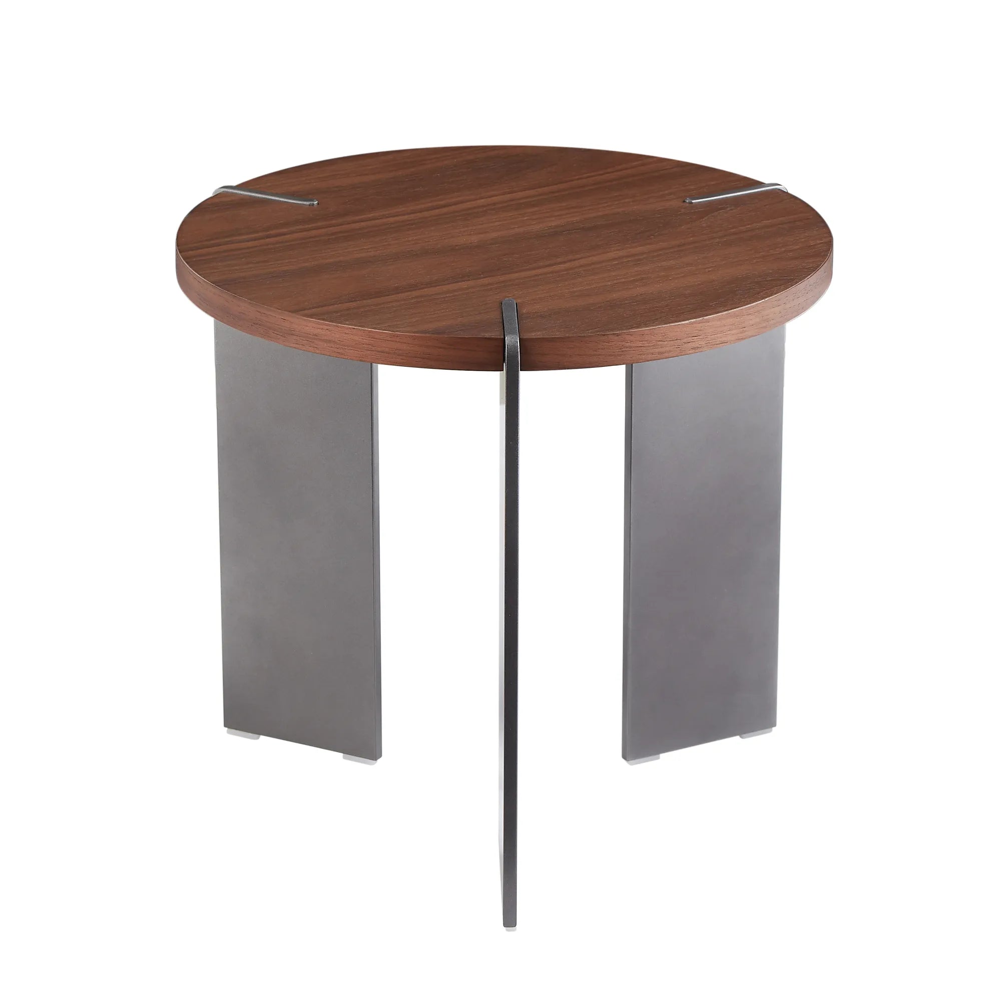 20" Round Walnut Side Table With Metal Feet